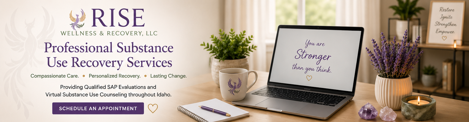 A welcoming workspace with a laptop displaying the message 'You are Stronger than you think,' a cup with a phoenix logo, a notebook and pen, a lavender bouquet, a candle, and a potted plant, with a website banner for RISE Wellness & Recovery, LLC offering professional substance use recovery services.