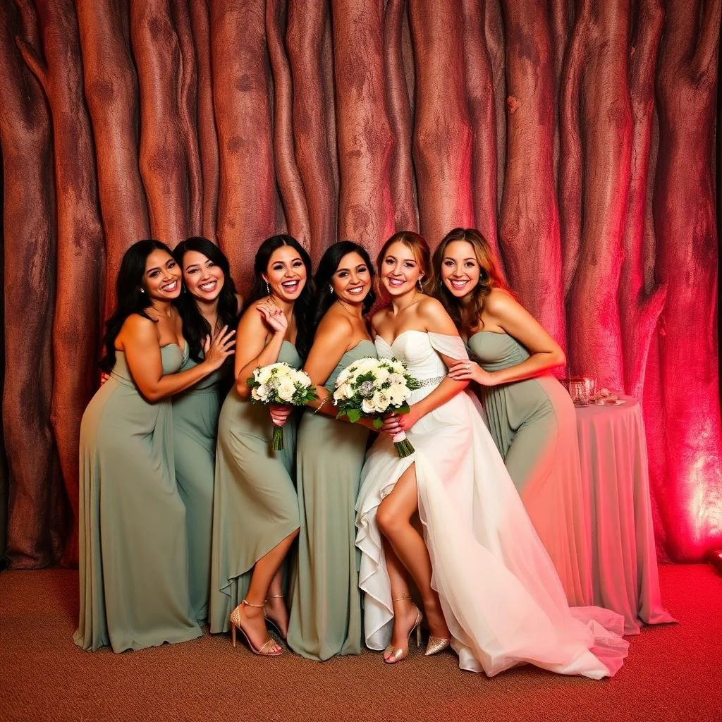 Group of five women in bridesmaid dresses and one bride in a wedding gown, holding bouquets, smiling, standing in front of a decorated backdrop with red lighting.