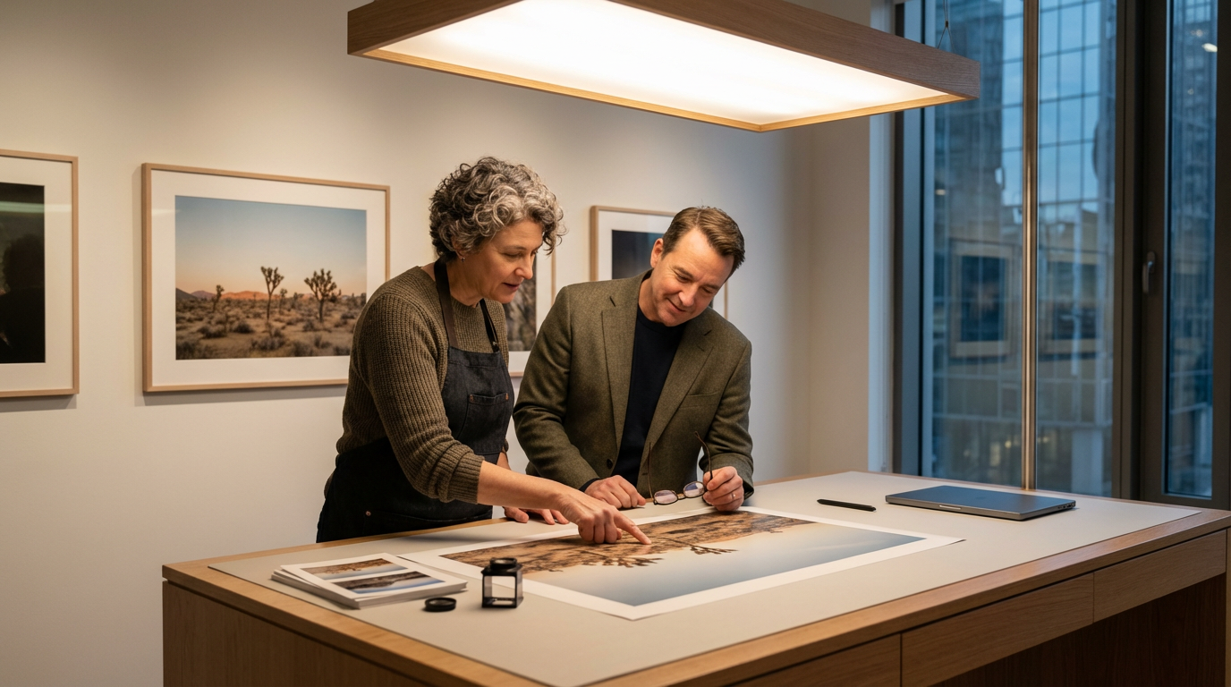 An elderly woman and a middle-aged man are viewing and discussing a large photograph of a desert landscape with Joshua trees, laid out on a wooden table in an art gallery or office. The woman is pointing at the photograph while holding a printed copy, and the man is holding glasses and looking intently.