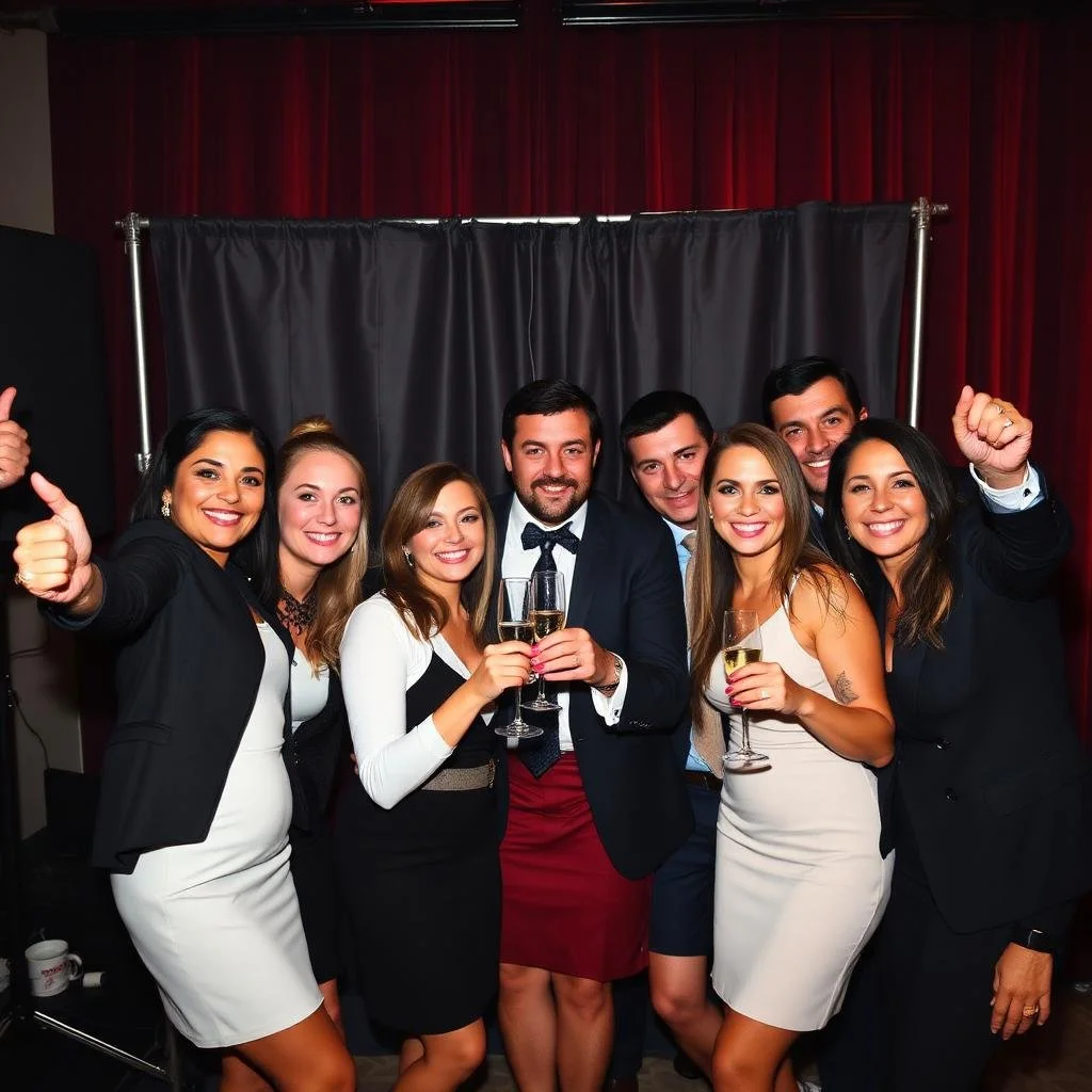 Group of people at a celebration holding champagne glasses, smiling, and giving thumbs up.