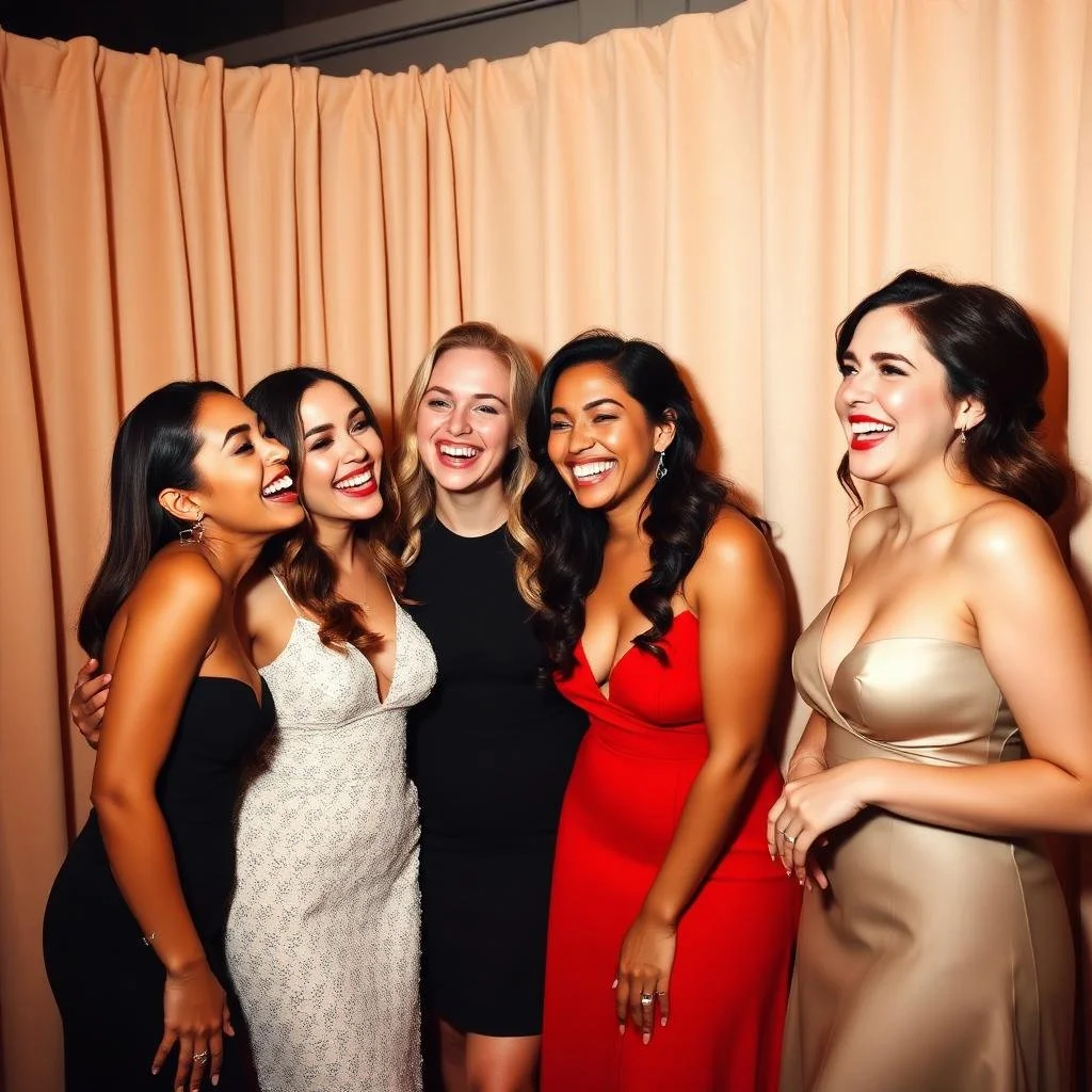 Five women in formal dresses sharing a laugh in front of a beige curtain.