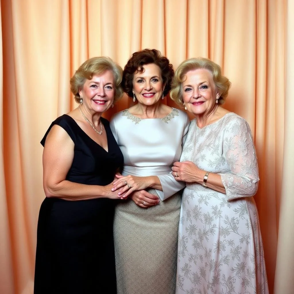 Three elderly women smiling and standing close together in front of peach-colored curtains, wearing formal dresses and jewelry.