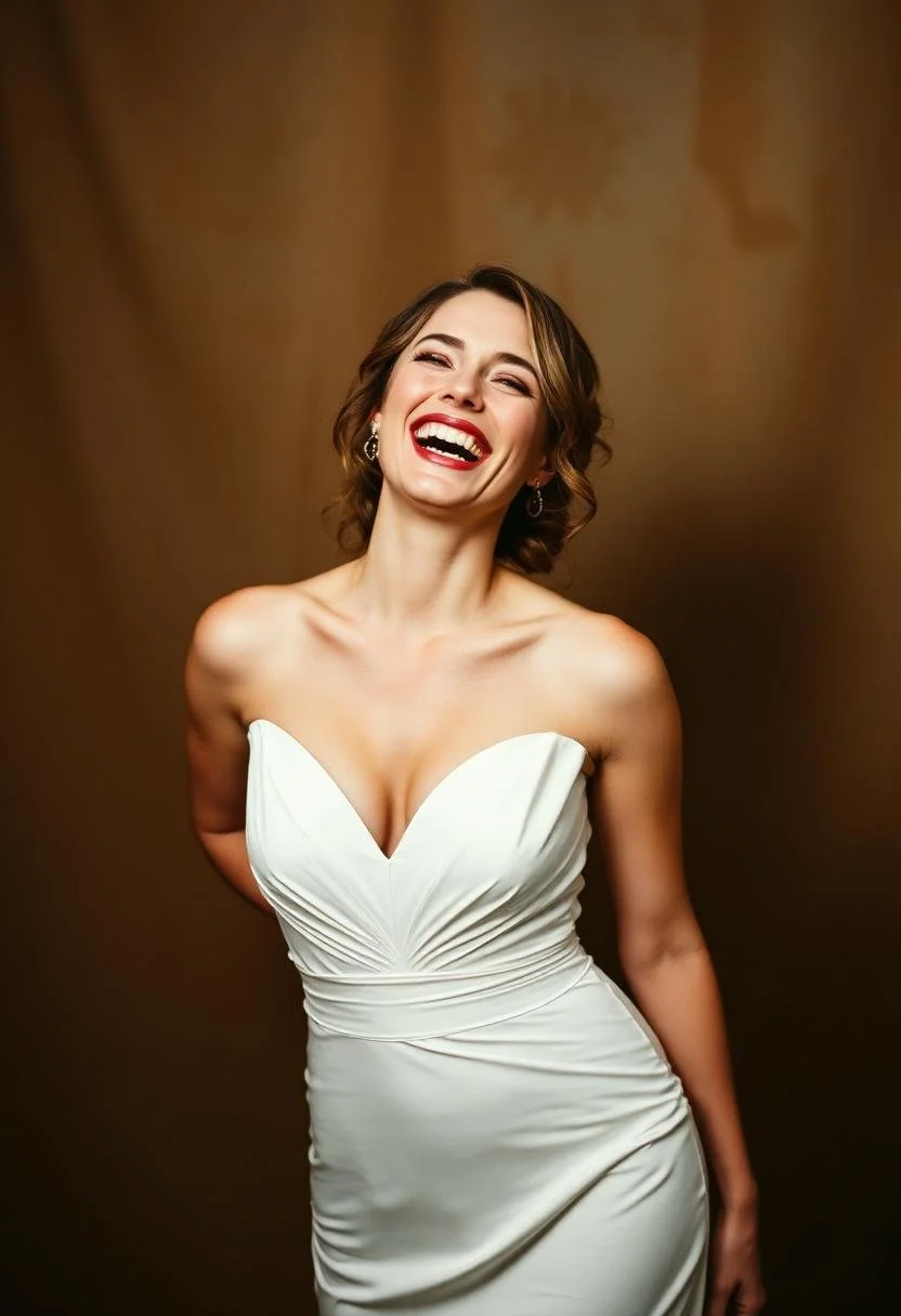 A woman in a white strapless dress laughing.