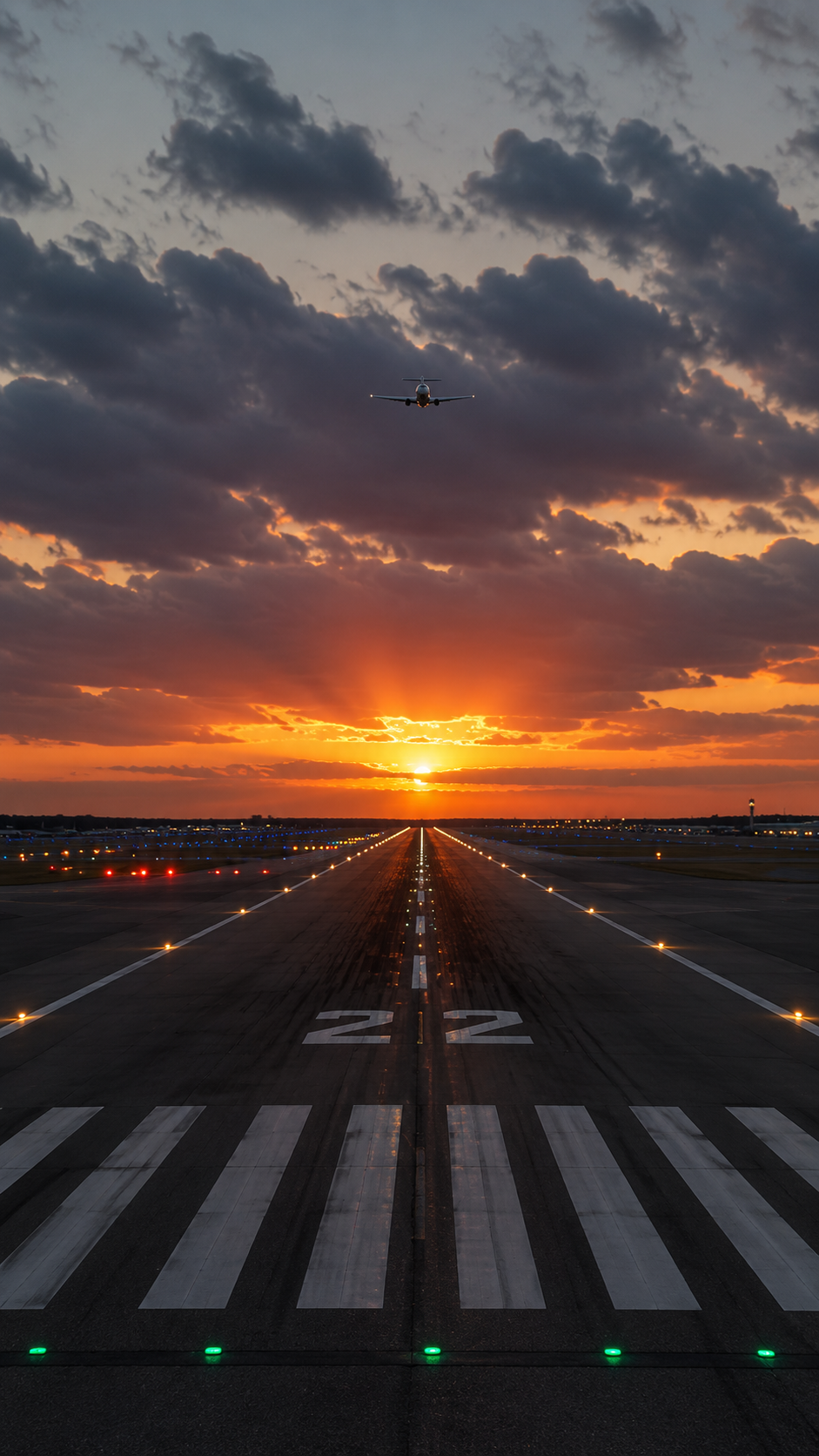 An airplane flying above a runway at sunset, with the sky filled with clouds and the sun near the horizon. The runway lights are illuminated, and the scene captures the tranquil end of the day at an airport.