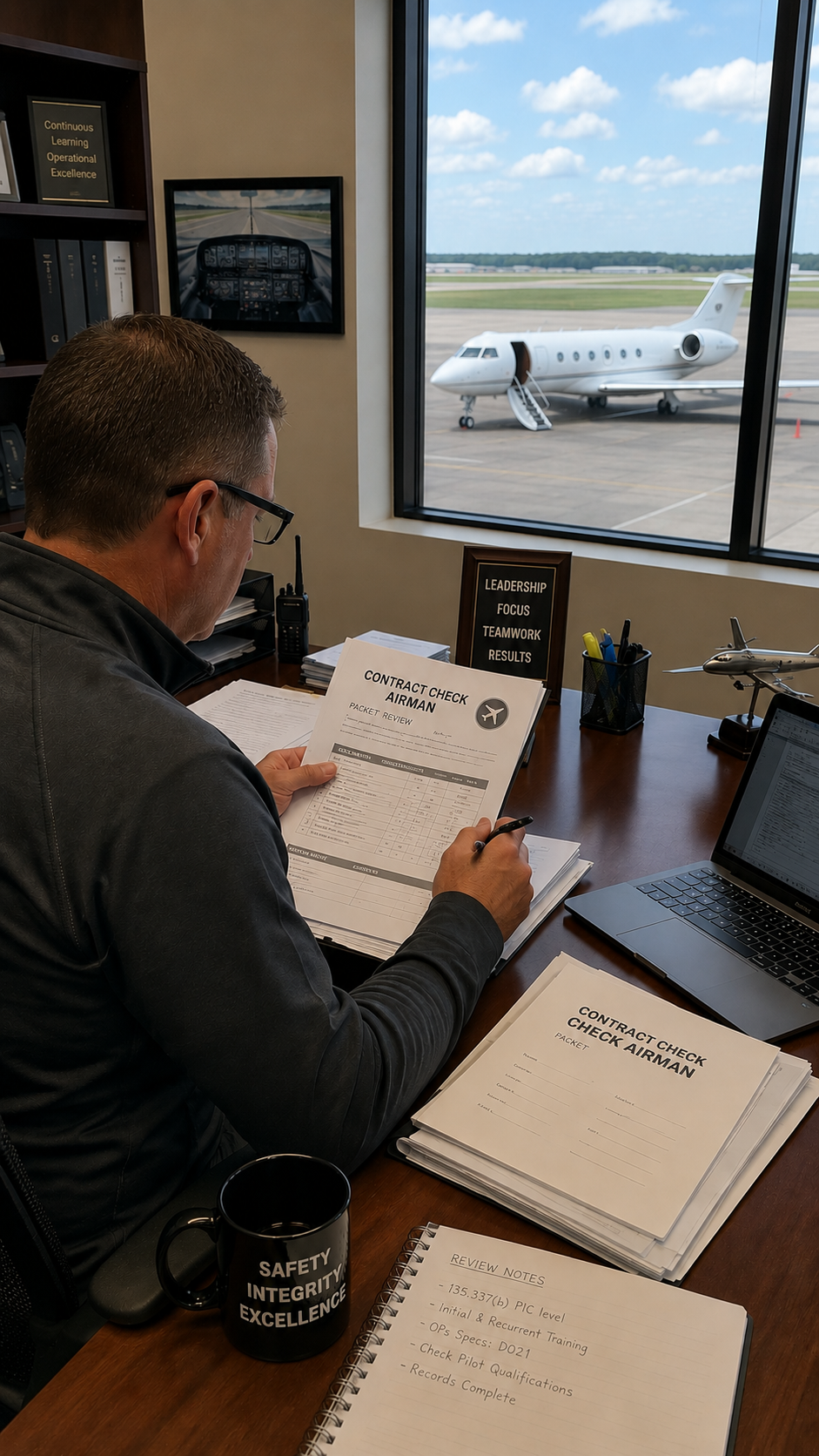 A man sits at an office desk reviewing a contract check for an airplane, with a large window showing a private jet parked outside on the tarmac.