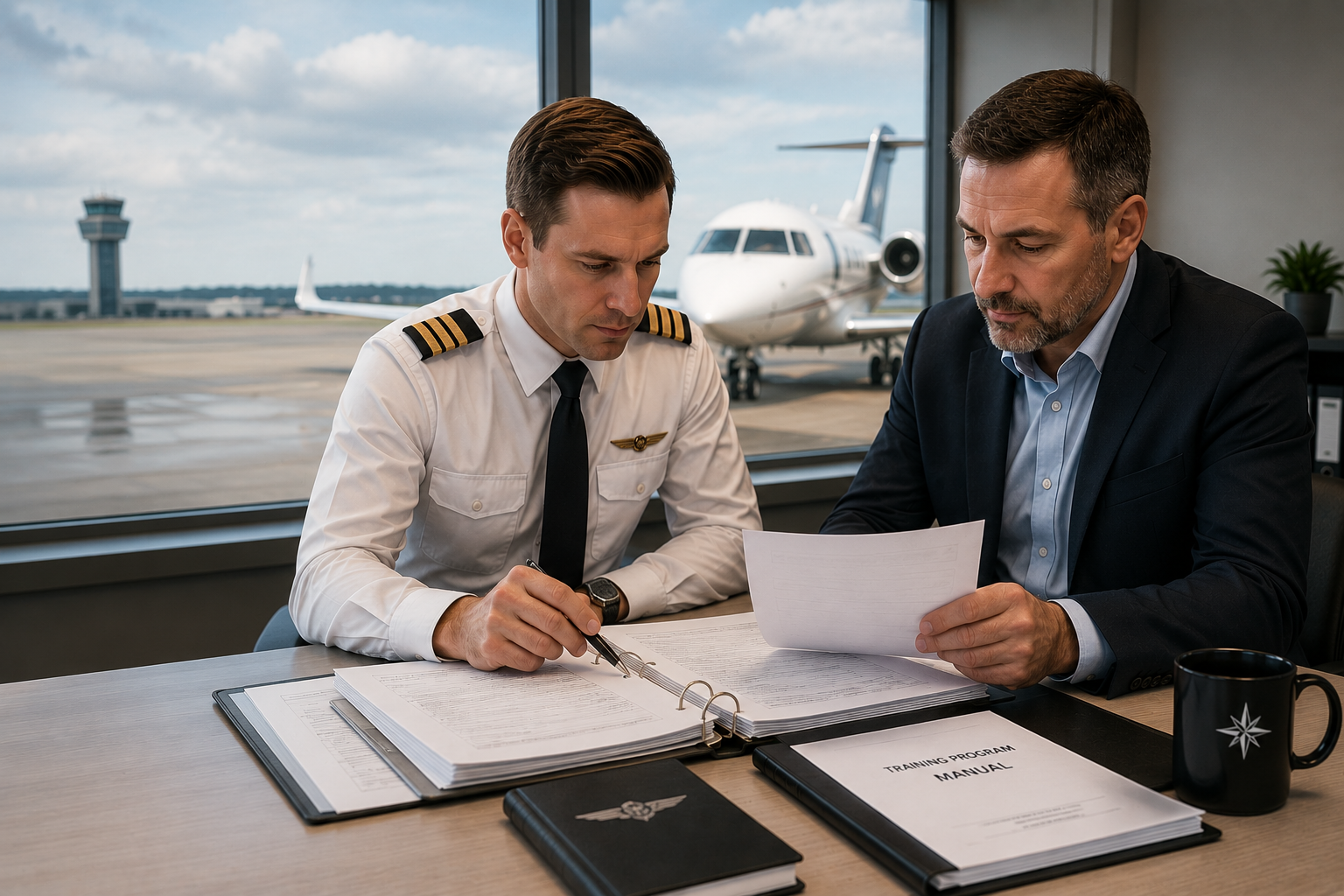 Two men in business attire reviewing documents at an airport office with a small private jet parked outside the window.