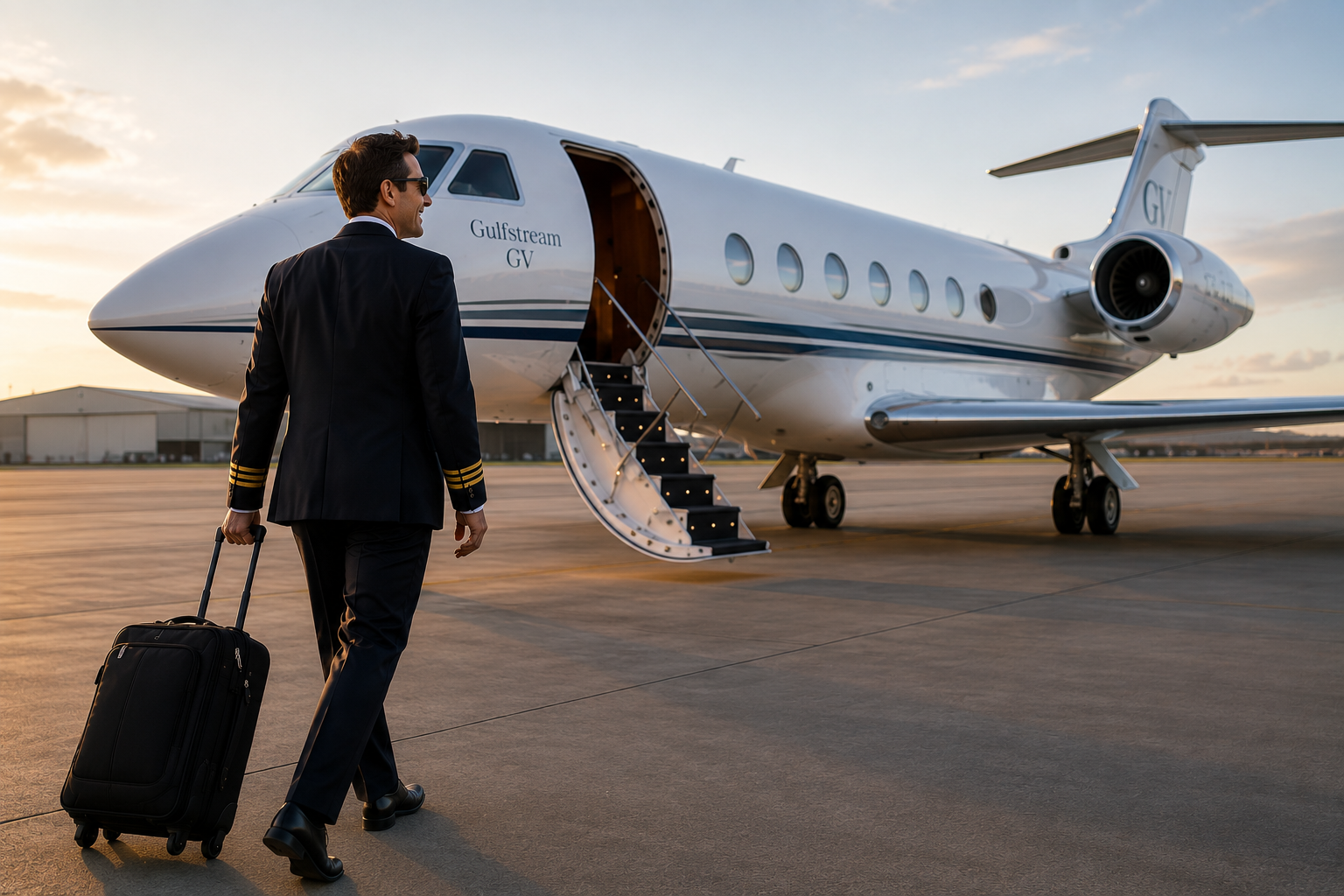 A man in a pilot uniform walking toward a private jet on the tarmac at sunset, pulling a black carry-on suitcase.