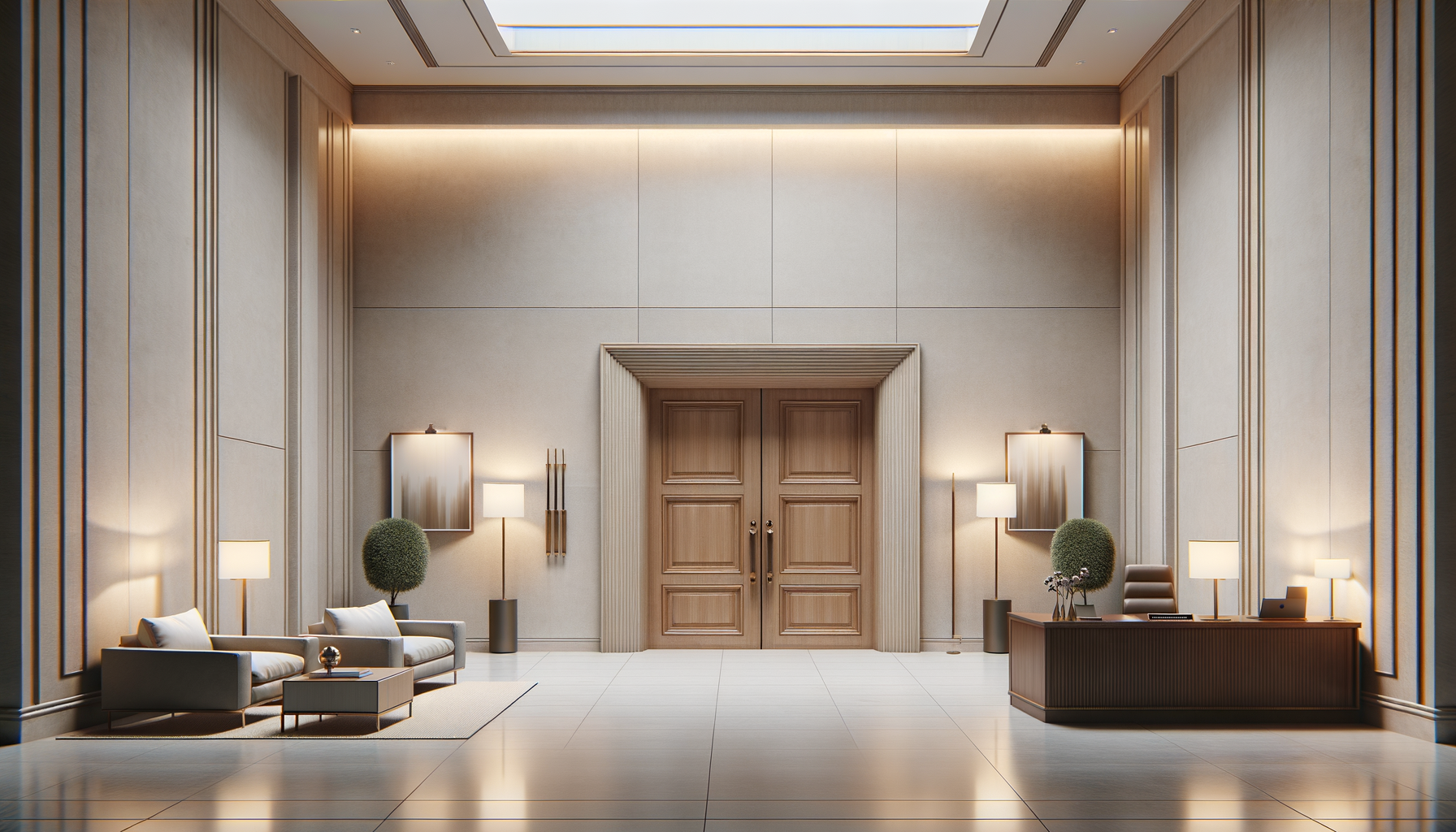 A modern, spacious hotel lobby with wooden double doors, beige walls, and elegant lighting. There are two sofas with cushions, potted plants, and a wooden reception desk with lamps and decorative items.
