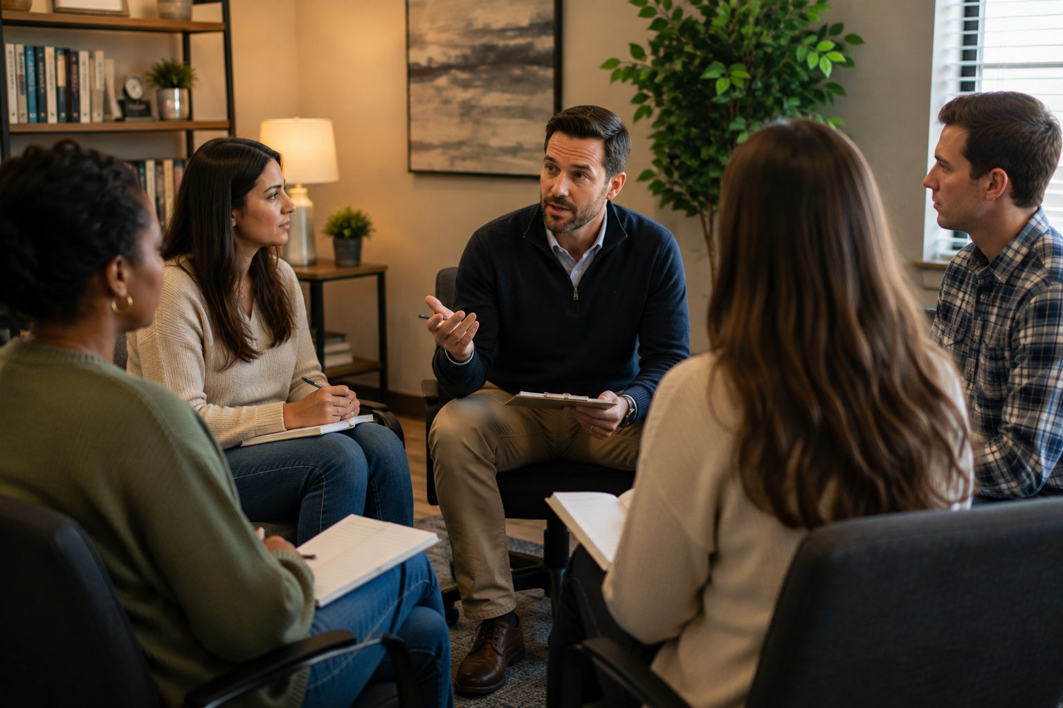 A group of six diverse people in a professional meeting room, sitting in a circle and having a discussion. The person in the center, a man with dark hair and a beard, is speaking and holding a notebook.