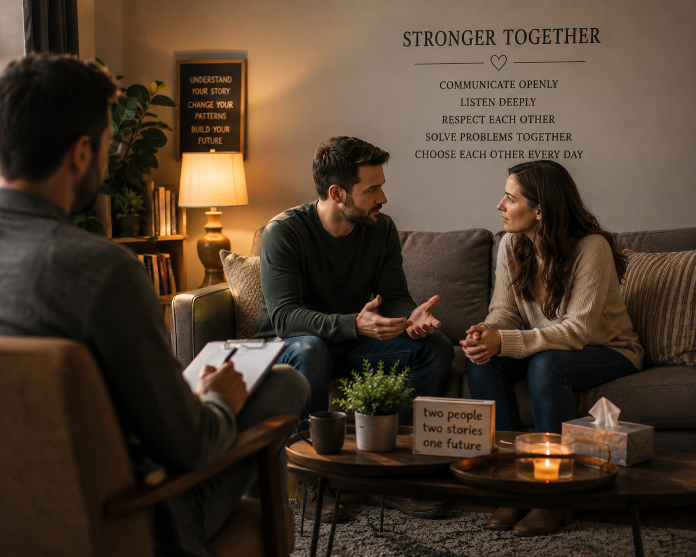 A therapy session with two people on a couch talking while a therapist takes notes. The room is cozy with warm lighting, a lamp, books, and decor. A wall sign reads 'Stronger Together' followed by relationship advice.