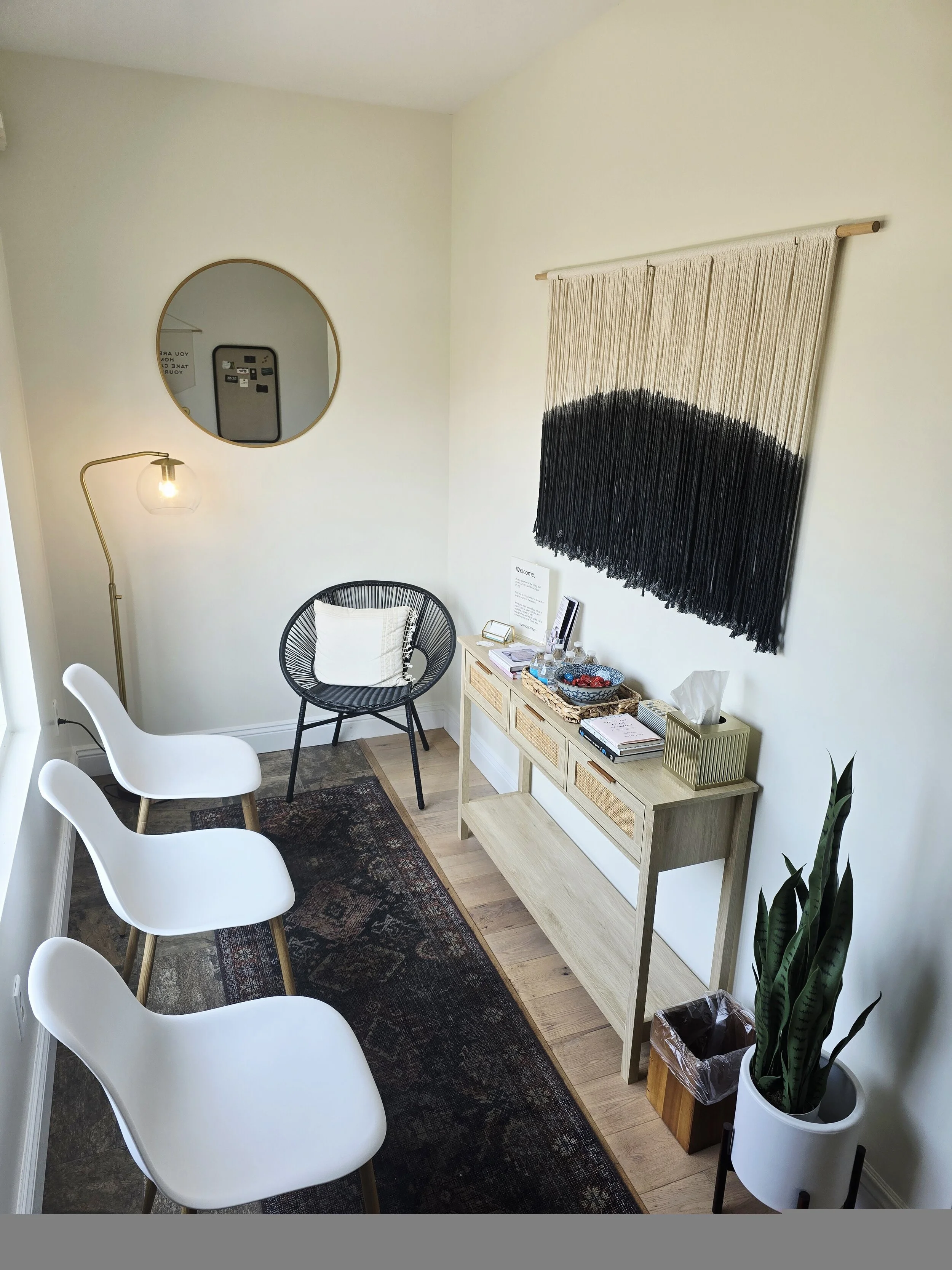 A cozy waiting room with four white chairs along a dark rug, a black woven chair with a cushion, a wooden console table holding magazines, a decorative bowl, and tissues, with a large potted snake plant nearby. On the wall, there's a decorative black, white, and beige textile art piece and a round mirror. A tall, gold floor lamp with a glass shade is positioned beside the black chair.