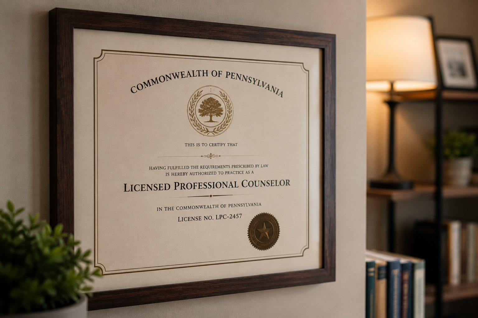 A diploma from the Commonwealth of Pennsylvania for a licensed professional counselor hanging on a wall.