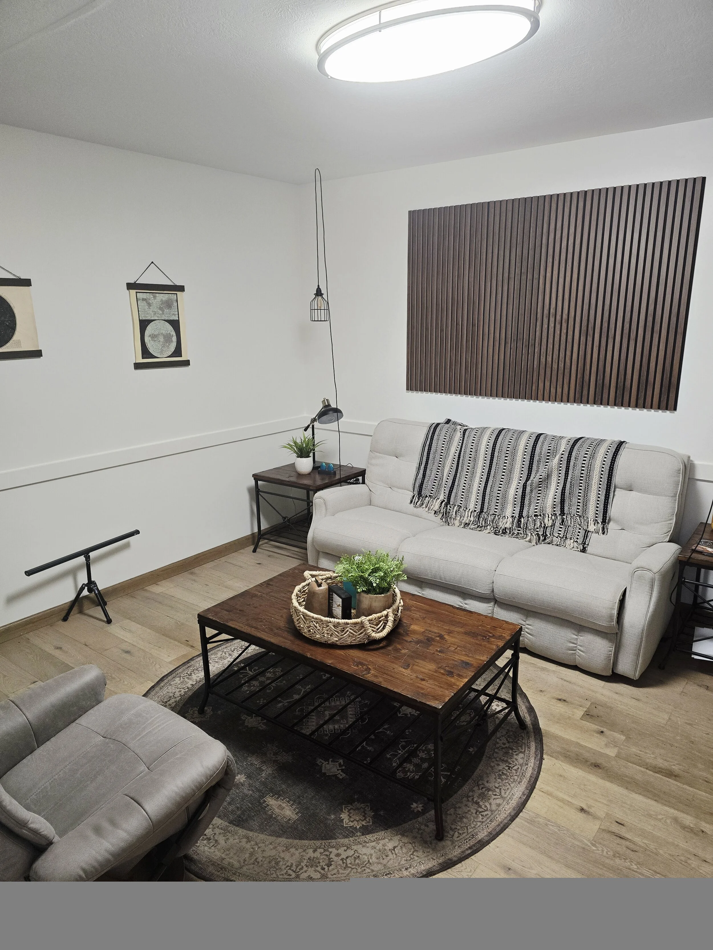 A cozy living room with a white sofa, a wooden coffee table with a woven basket and plants on top, and a patterned rug underneath. There is a gray armchair and a side table with a lamp and a plant. The wall has two framed artworks and a wooden slat decor piece. Overhead lighting and natural light fill the room.