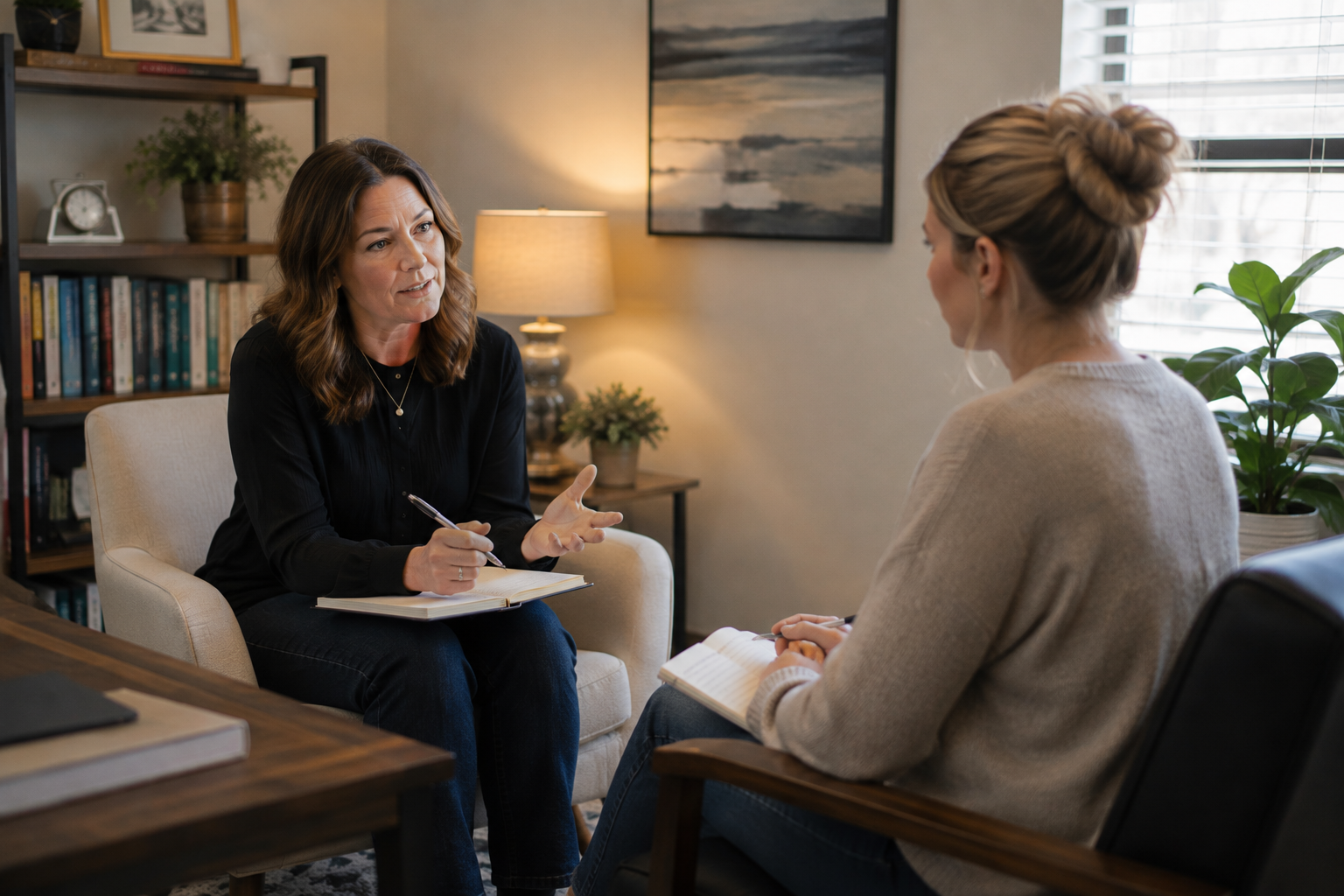 Two women having a discussion in a cozy living room, sitting on armchairs with notebooks, a bookshelf and a potted plant in the background.