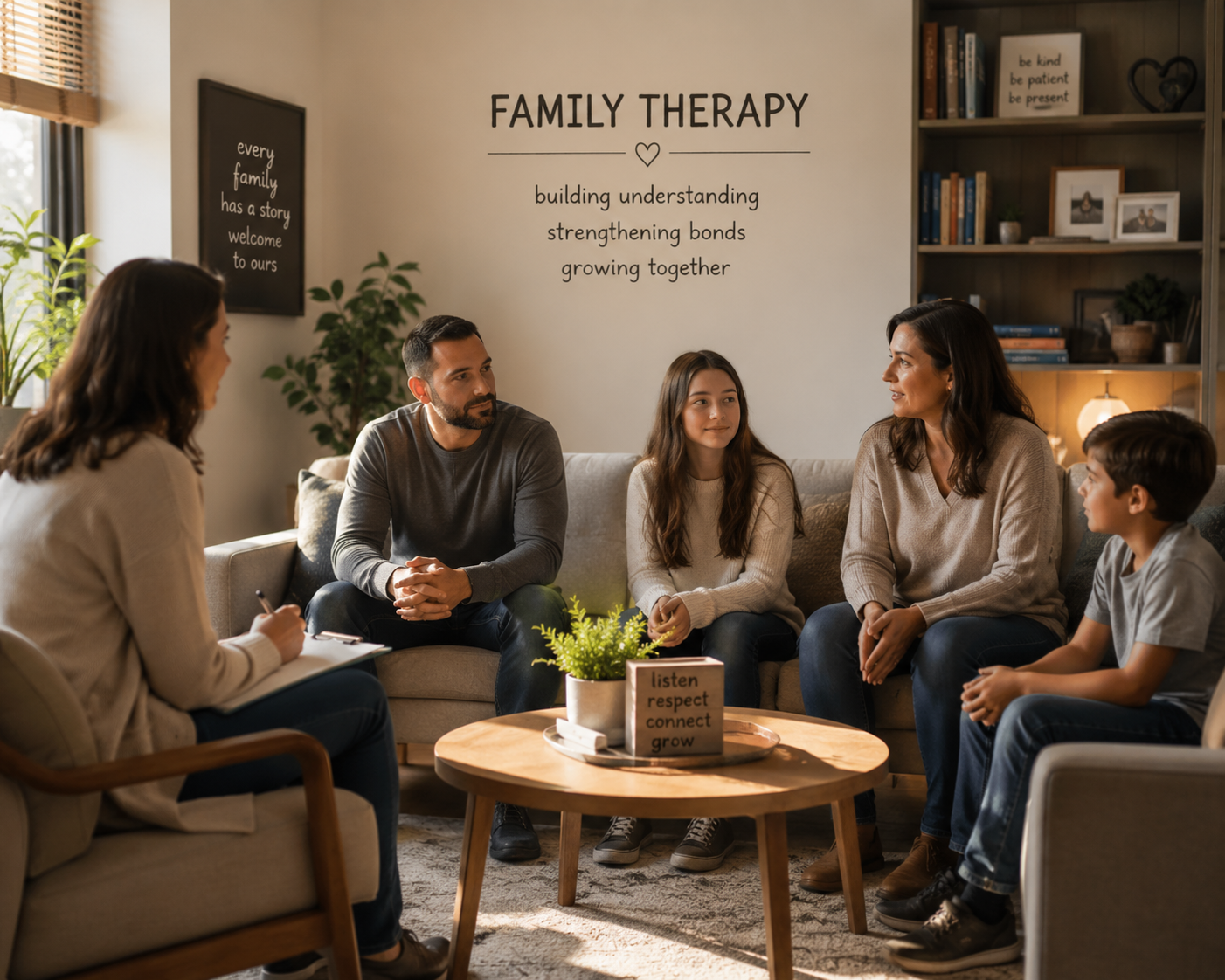 A family therapy session with five people sitting on a couch and chairs in a cozy room. The room has a sign on the wall that reads 'Family Therapy' and a small table with a plant and a sign that says 'listen respect connect grow'. All are engaged in conversation, including a therapist taking notes.