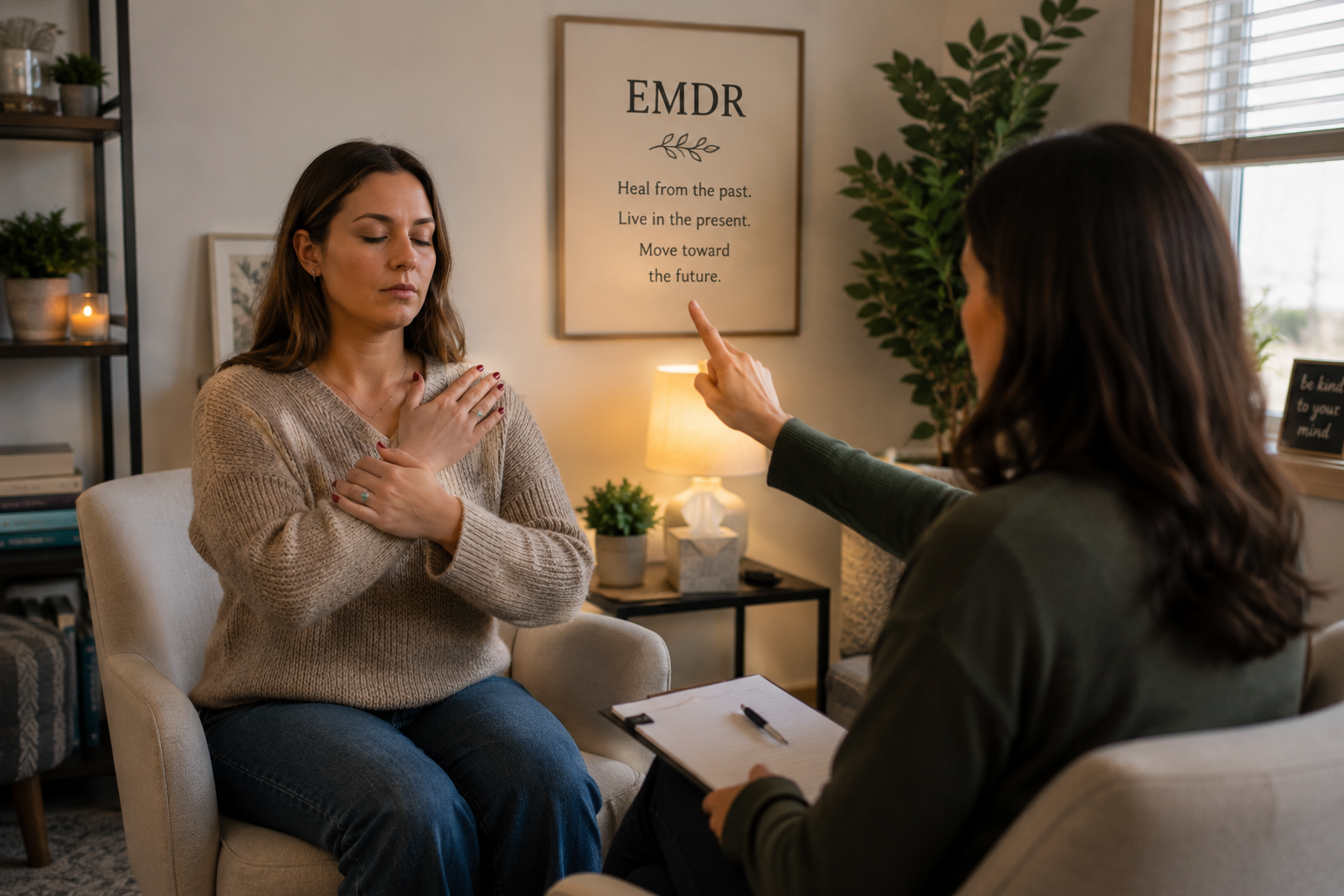 A woman in a beige sweater with her eyes closed and hands over her heart, practicing self-care or healing, while a therapist points towards a framed sign on the wall that reads 'EMDR Heal from the past. Live in the present. Move toward the future.'