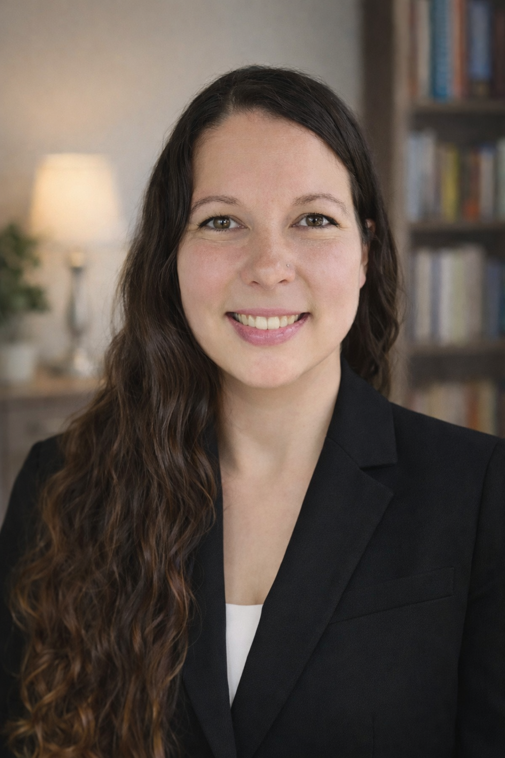 A woman with long, wavy brown hair smiling at the camera, wearing a black blazer with a white top underneath, in a cozy room with bookshelves and a lamp in the background.