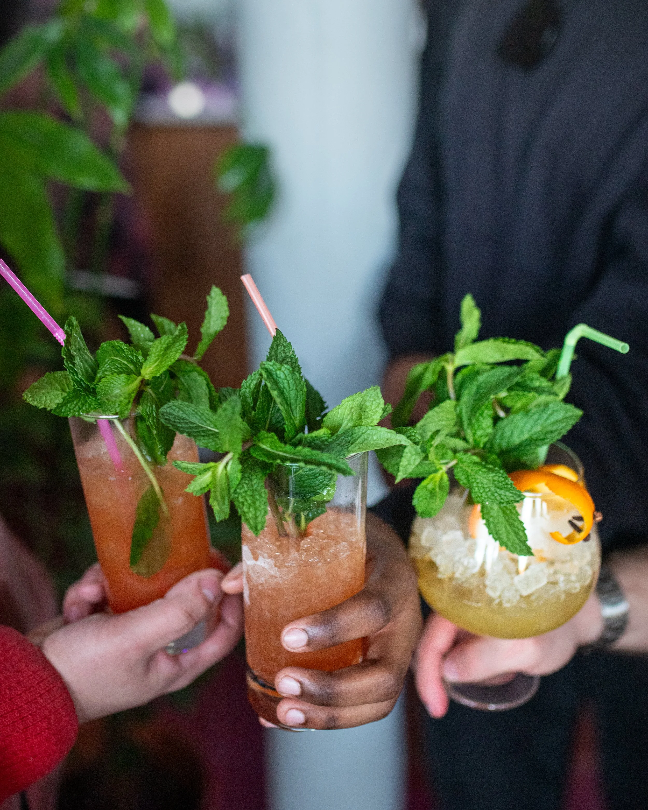 A group of people holding colorful drinks topped with fresh mint leaves and garnished with orange and lemon slices.