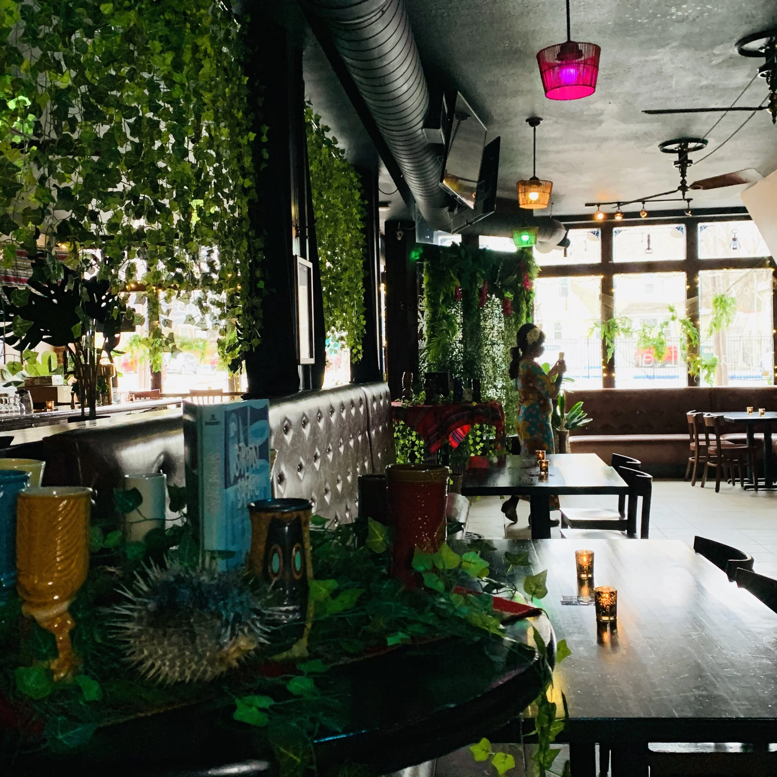 Interior of a restaurant or cafe with green leafy plants, colorful hanging lights, and a seating area with tables and chairs. There are large windows letting in natural light, and a person is sitting at a table.