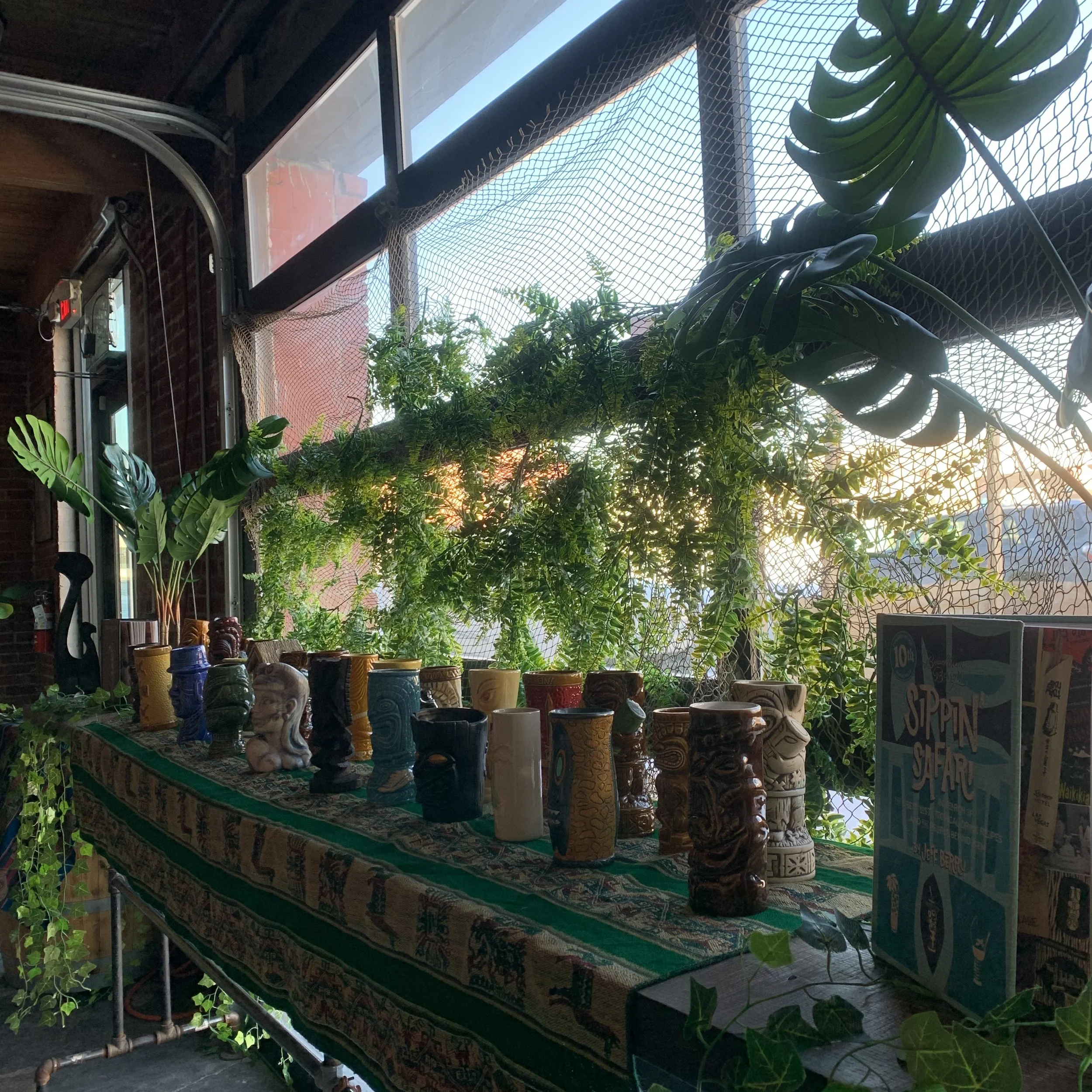 Indoor space with large green tropical plants and pottery on a table, window with mesh screen allowing sunlight to filter through.