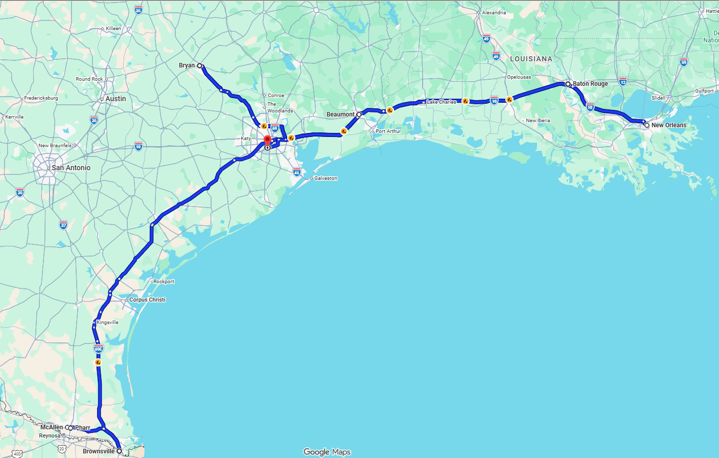 Map of a route from New Orleans to Bryan, Texas, passing through Baton Rouge, Lake Charles, Beaumont, and Houston, with traffic alerts along the way.
