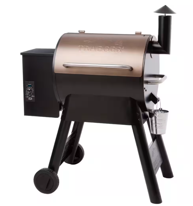 A Traeger wood pellet grill with a black stand and wheels, featuring a cylindrical cooking chamber with a lid and a side handle, a chimney vent, and a digital control panel on the side.