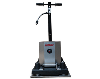 A motorized treadmill with a vertical handlebar, a control panel, and a base for exercise.