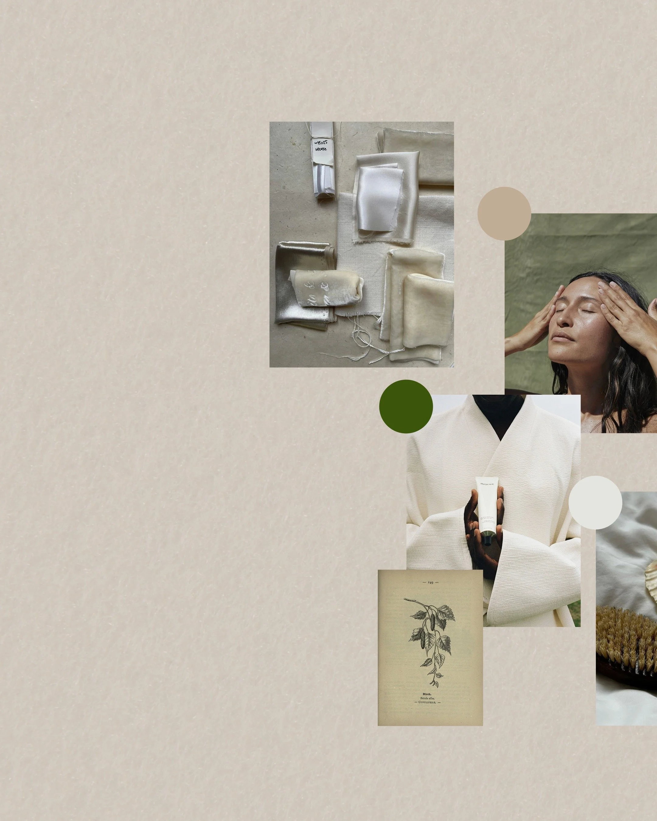 Artistic collage with sketches of botanical drawings, a woman practicing facial massage, and fabric swatches in neutral tones.