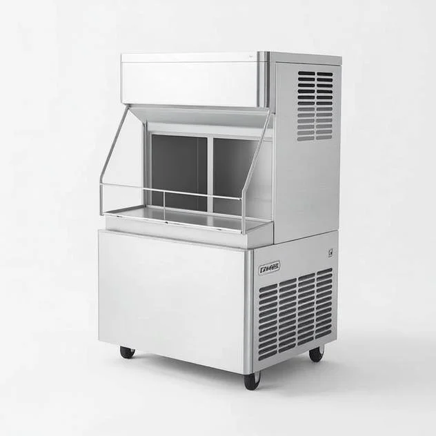Silver commercial ice machine with a vented top and bottom, on small wheels, against a white background.