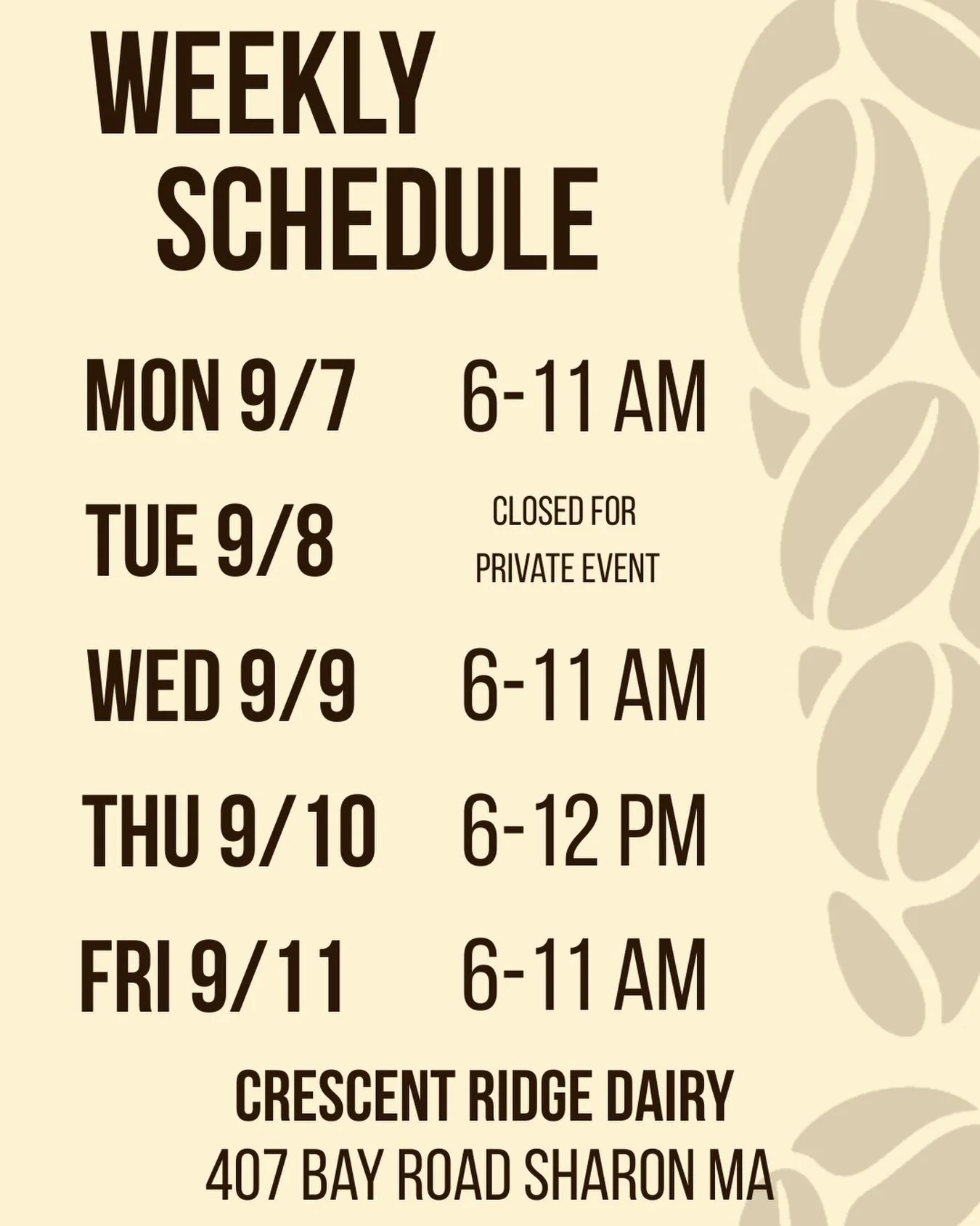 Next week&rsquo;s schedule! Closed tomorrow to prep for our fall menu but will see you bright and early @crescentridge on Monday!