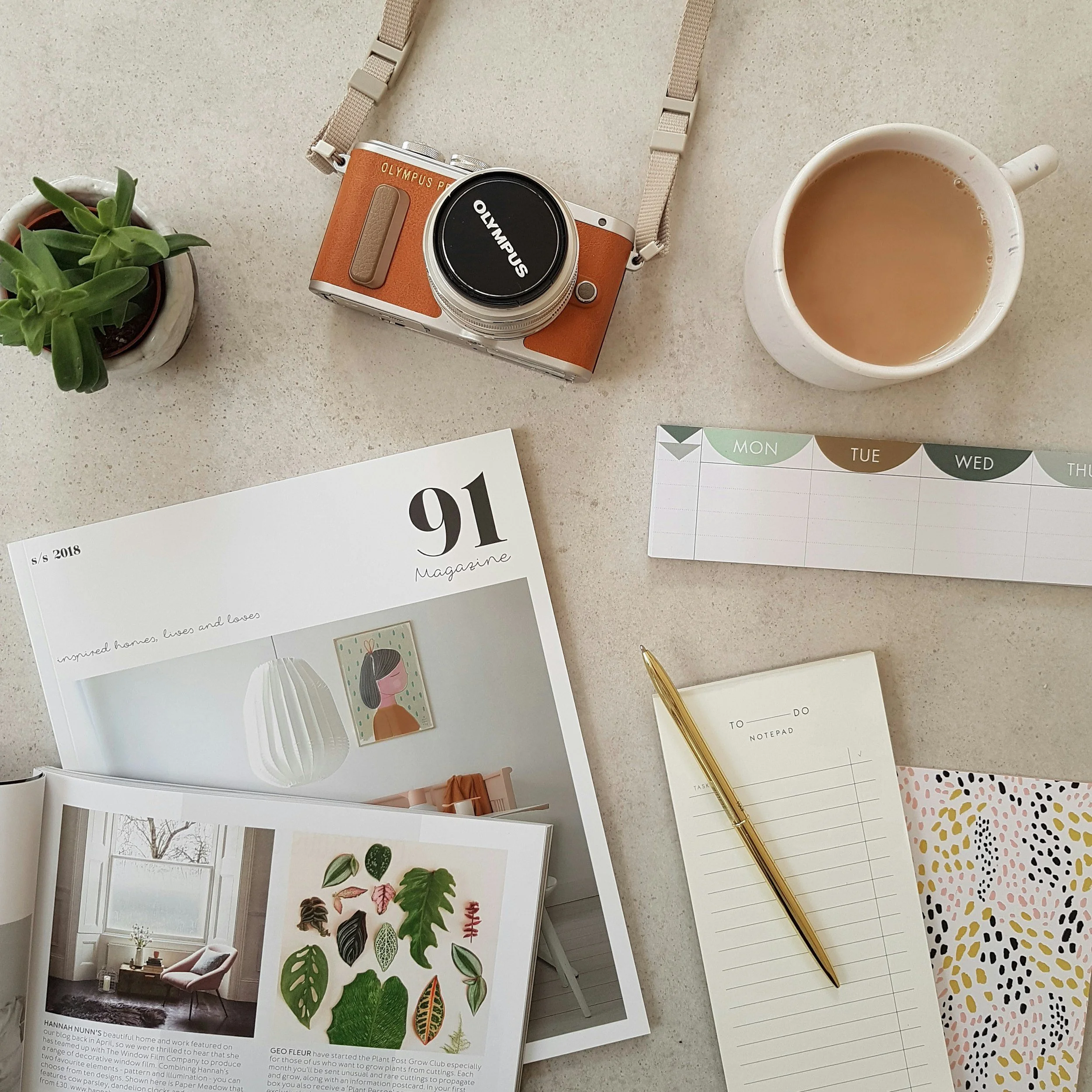 Flat lay of a camera, a mug of coffee, a potted succulent, a weekly planner, a letter, a pen, and art prints on a desk surface.