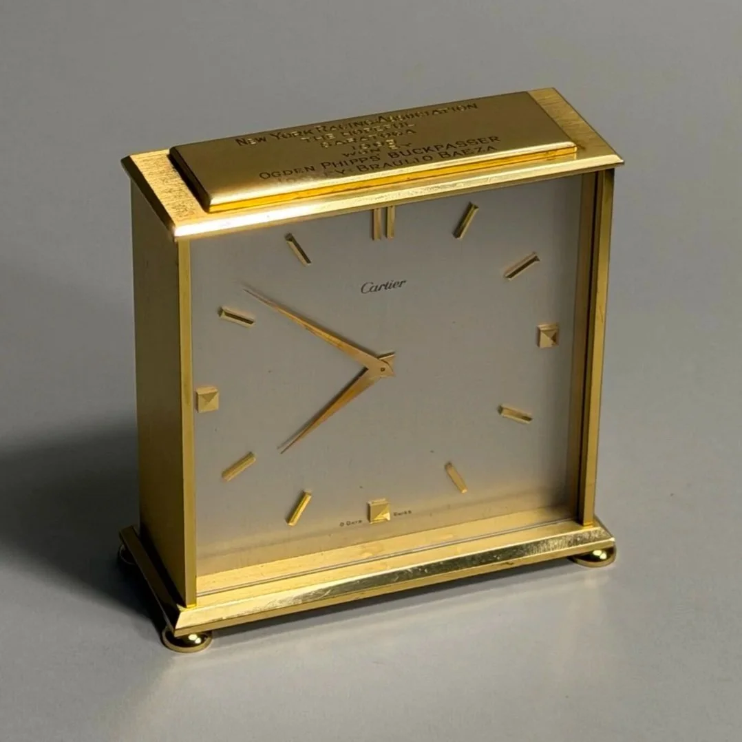 1965 Hopeful Stakes Cartier clock awarded to winning jockey Braulio Baeza aboard Buckpasser