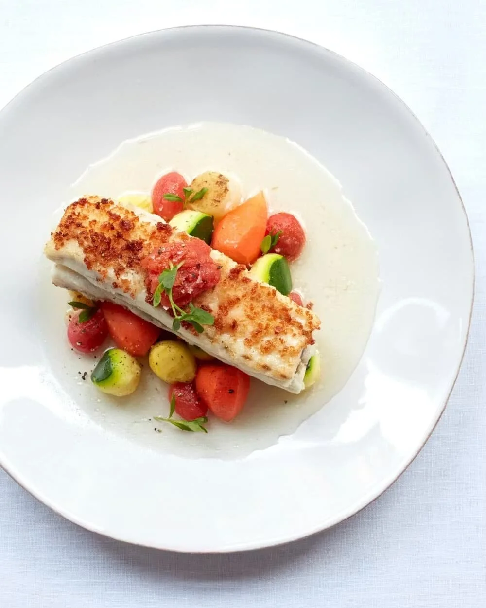 A white rectangular plate with a fish fillet topped with tomato salsa, served on a bed of mixed fresh vegetables and a creamy sauce.