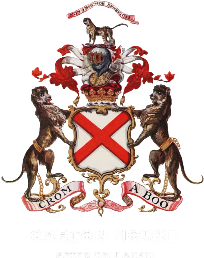 A colorful heraldic coat of arms featuring a shield with a red saltire on a white background, flanked by two dogs standing on their hind legs. Above the shield is a crown topped with a dog, and a banner with the Latin phrase "CROM A BOO" beneath the shield. The phrase "CARTON HOUSE" and the name "PETER CALLAHAN" are written below.