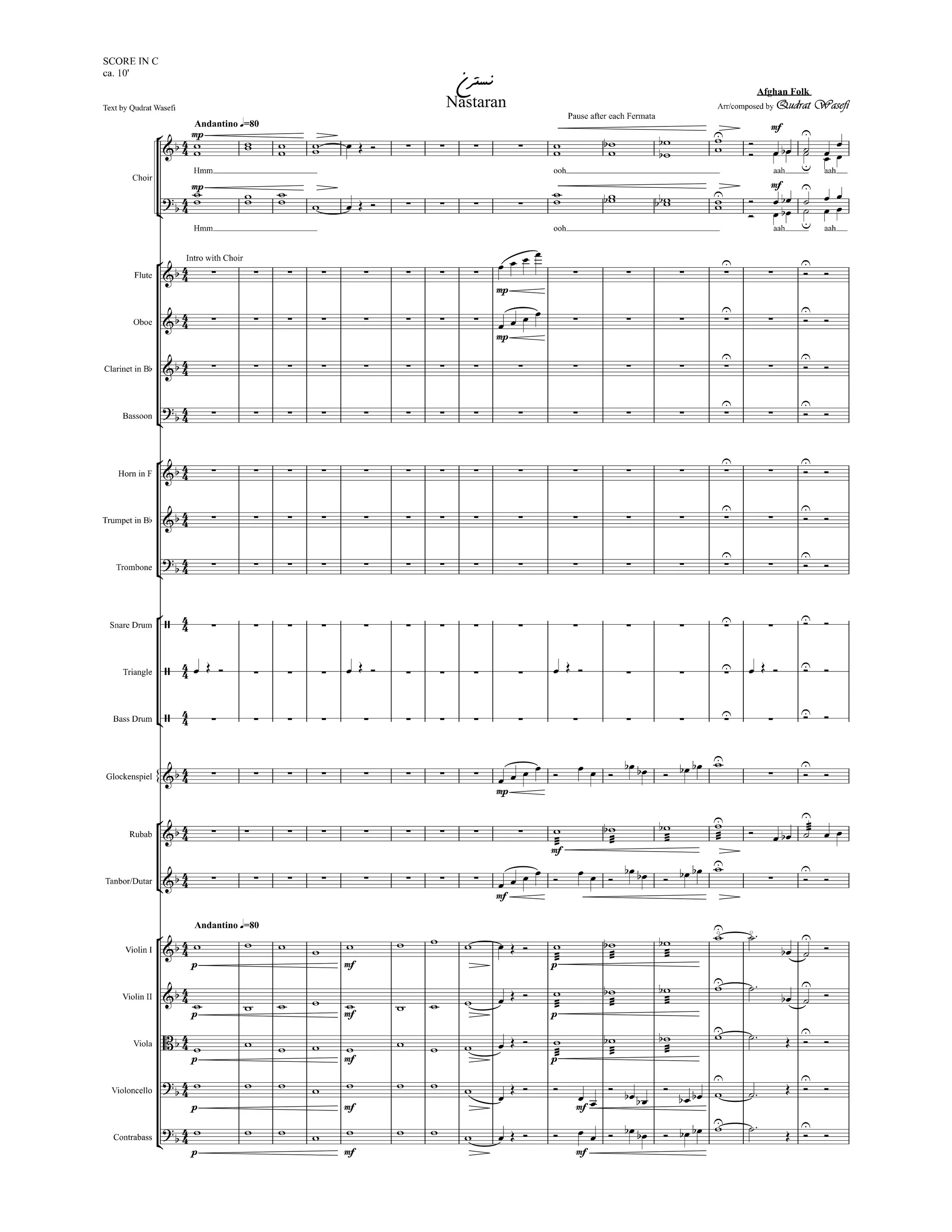 "Nastaran" for Chamber Orchestra, Choir, Afghan Traditional Instruments, and Spoken Word