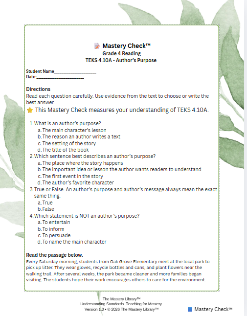 Mastery Check worksheet for Grade 4 reading, with questions about a story and a passage about students visiting a park to pick up litter.
