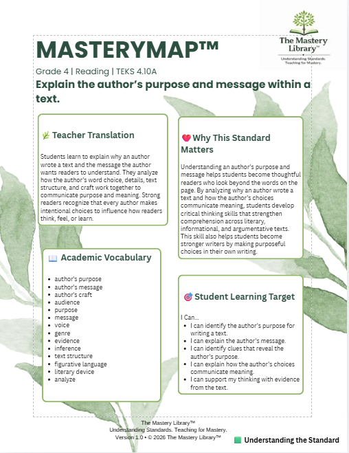 MasteryMap™ | Grade 4 Reading | 4.10A