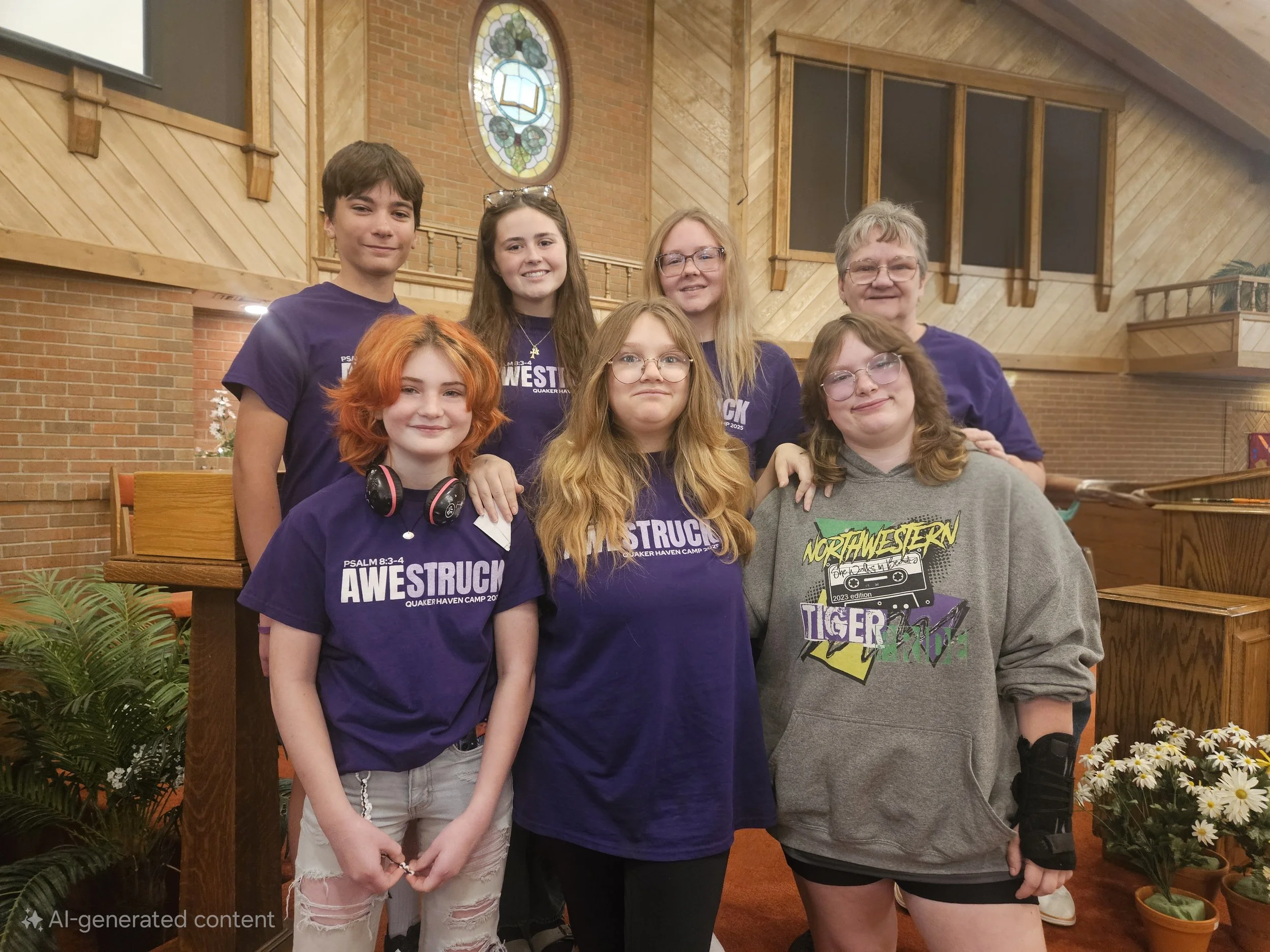 A group of seven people, mostly young girls, posing indoors in front of a stained glass window and a brick wall within a church or community hall. They are smiling, and some are wearing purple T-shirts with a church or camp logo. One girl has bright orange hair and headphones around her neck, and another girl is wearing glasses and a grey sweatshirt with a colorful design. A woman with short gray hair and glasses is also included. The setting has plants, flowers, and wooden decor.