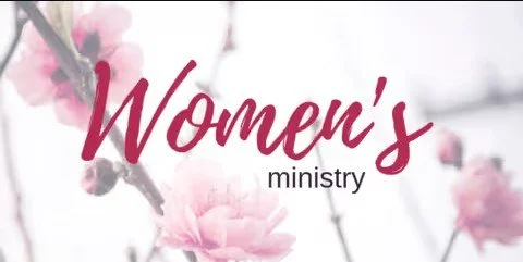 Pink cherry blossoms with the text 'Women's ministry' in elegant script.