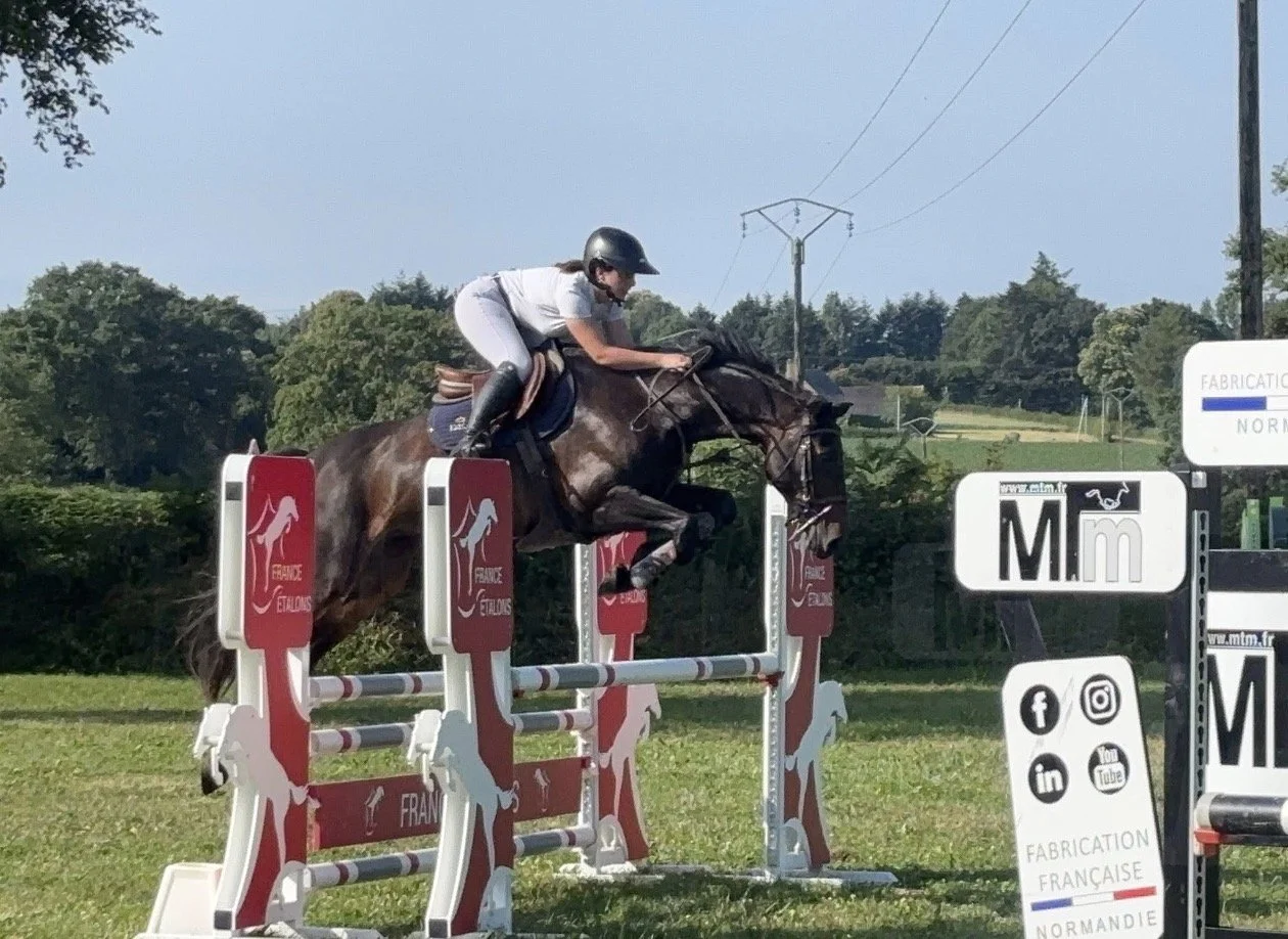 Cheval et cavalier sautant un obstacle lors d'une compétition équestre en plein air.