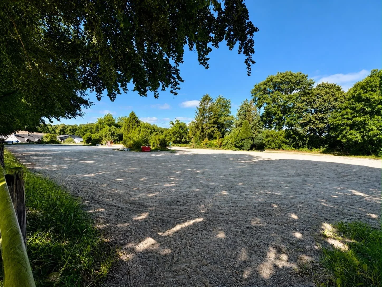 Un espace de plage dégagée avec des arbres verdoyants, soleil et ciel bleu