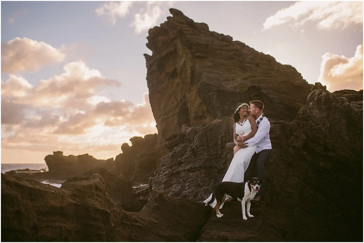 A couple in wedding attire sits on rocky cliffs at sunset, with a black and white dog standing in front of them, overlooking the ocean.