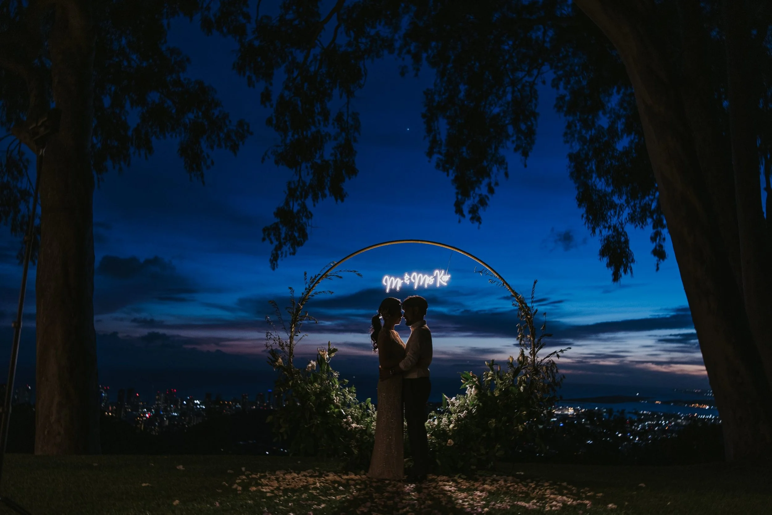 A silhouette of a couple standing close together under an arch decorated with flowers at dusk, framed by two large trees, with a city skyline in the distance and a bright star in the sky, suggesting a romantic or special occasion.