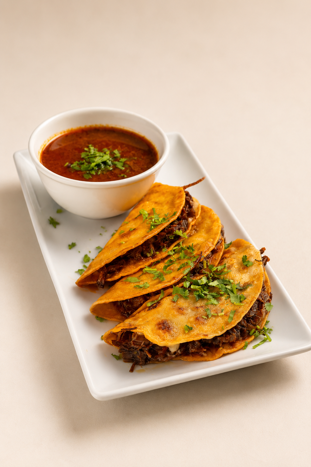 Plate of three beef tacos topped with chopped cilantro and a side of tomato-based chili.