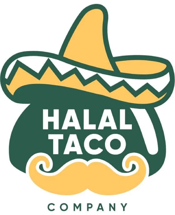 Logo featuring a yellow sombrero, mustache, and a green chili pepper with the words "Halal Taco" and "Company" displayed.