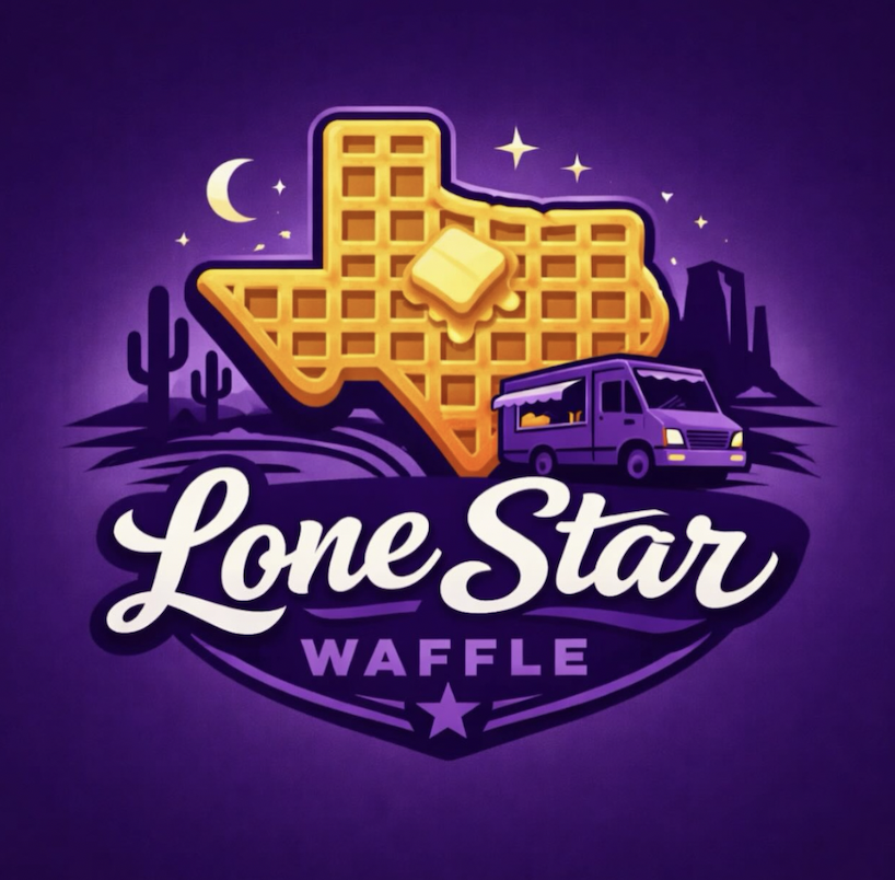Logo for Lone Star Waffle featuring a waffle shaped like Texas, a yellow butter pat, and a purple food truck, with a desert landscape including cacti and rock formations under a night sky with a crescent moon and stars.