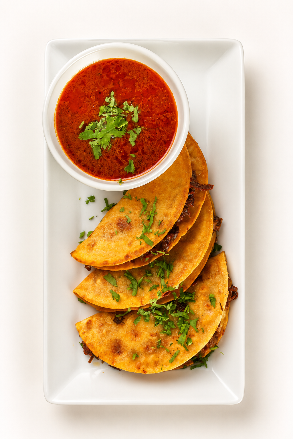 Plate with four beef empanadas garnished with chopped cilantro and a small bowl of red dipping sauce, on a white rectangular tray.