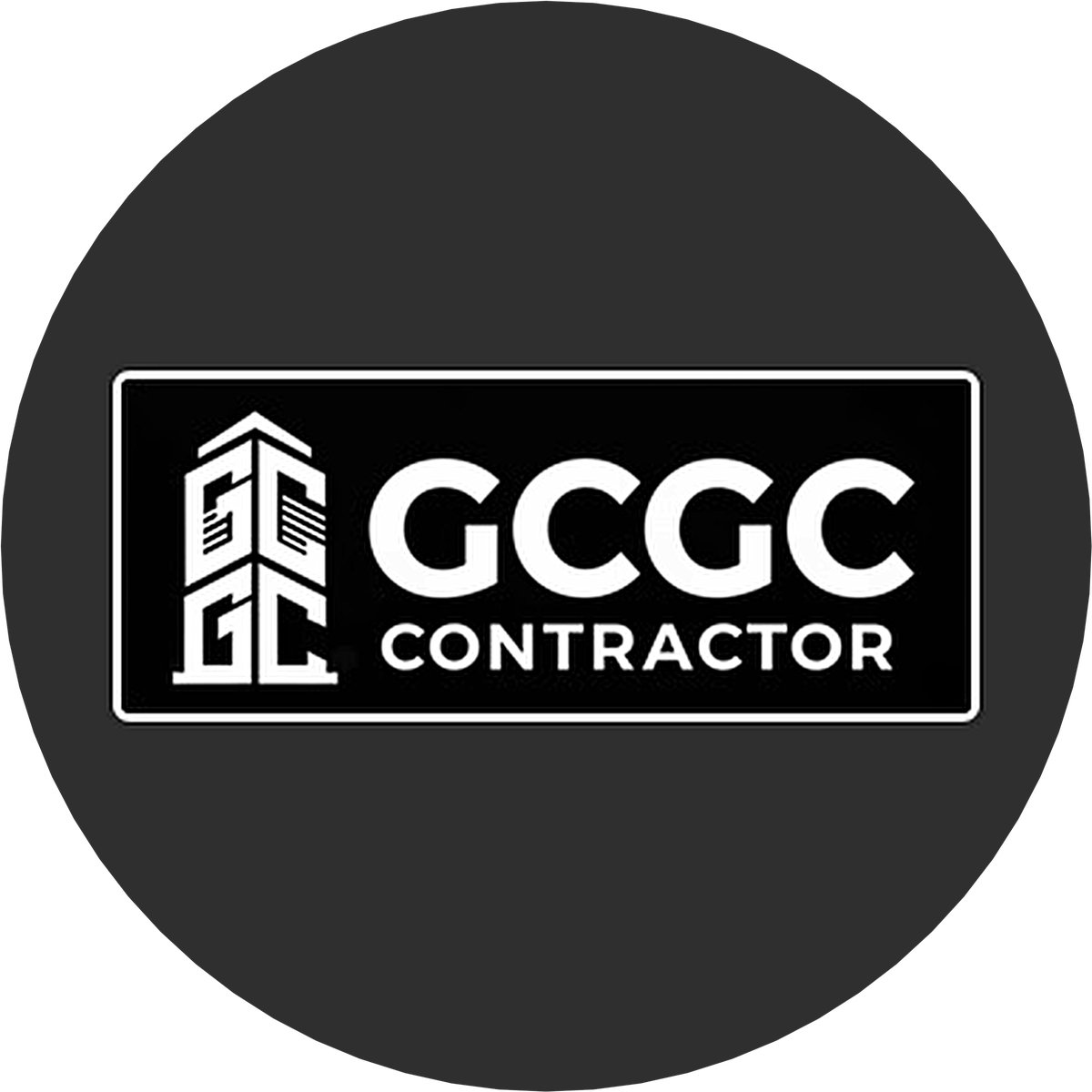 Black circular logo with a white rectangle inside. Inside the rectangle, there is a graphic of stacked building blocks and the text 'GCGC Contractor' in bold white letters.