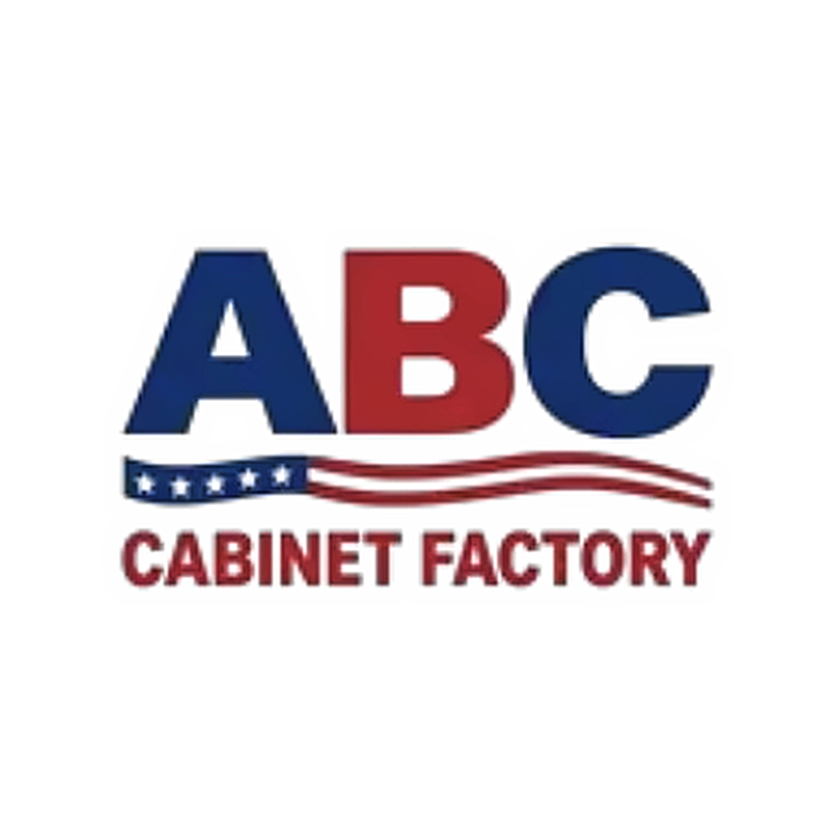 Logo for ABC Cabinet Factory with red, white, and blue colors, featuring the text 'ABC' above a stylized American flag wave and 'CABINET FACTORY' below.