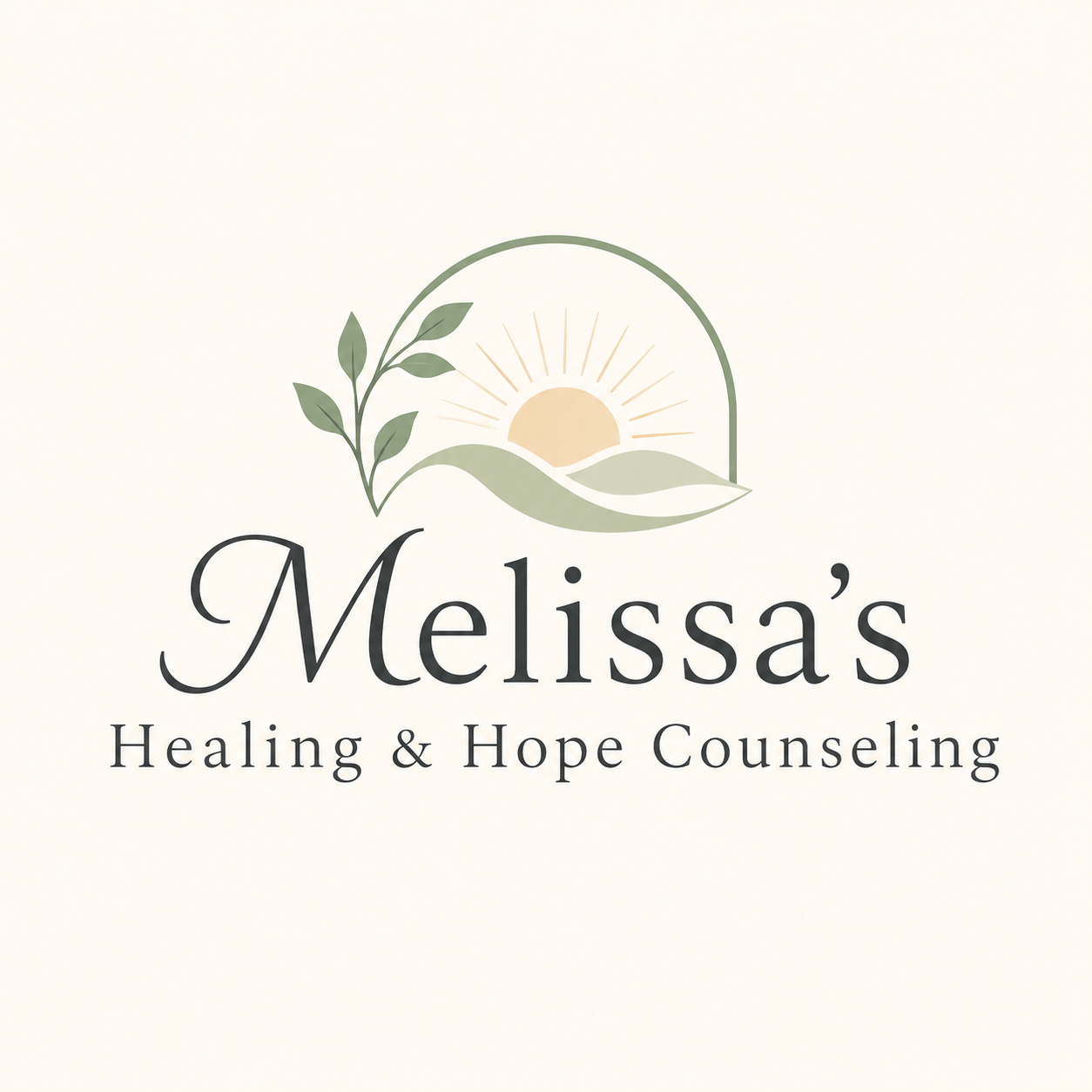 Logo for Melissa's Healing & Hope Counseling featuring a rising sun over hills, a green leaf branch, and elegant text.